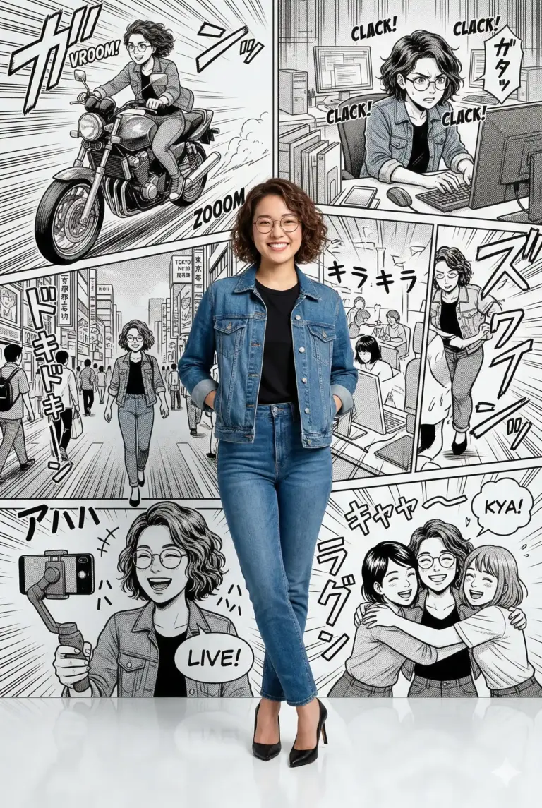 Woman in Denim with Manga Collage AI Photo Editing Prompt. AI generated digital illustration of a smiling woman in a denim outfit standing against a black and white manga storyboard background.