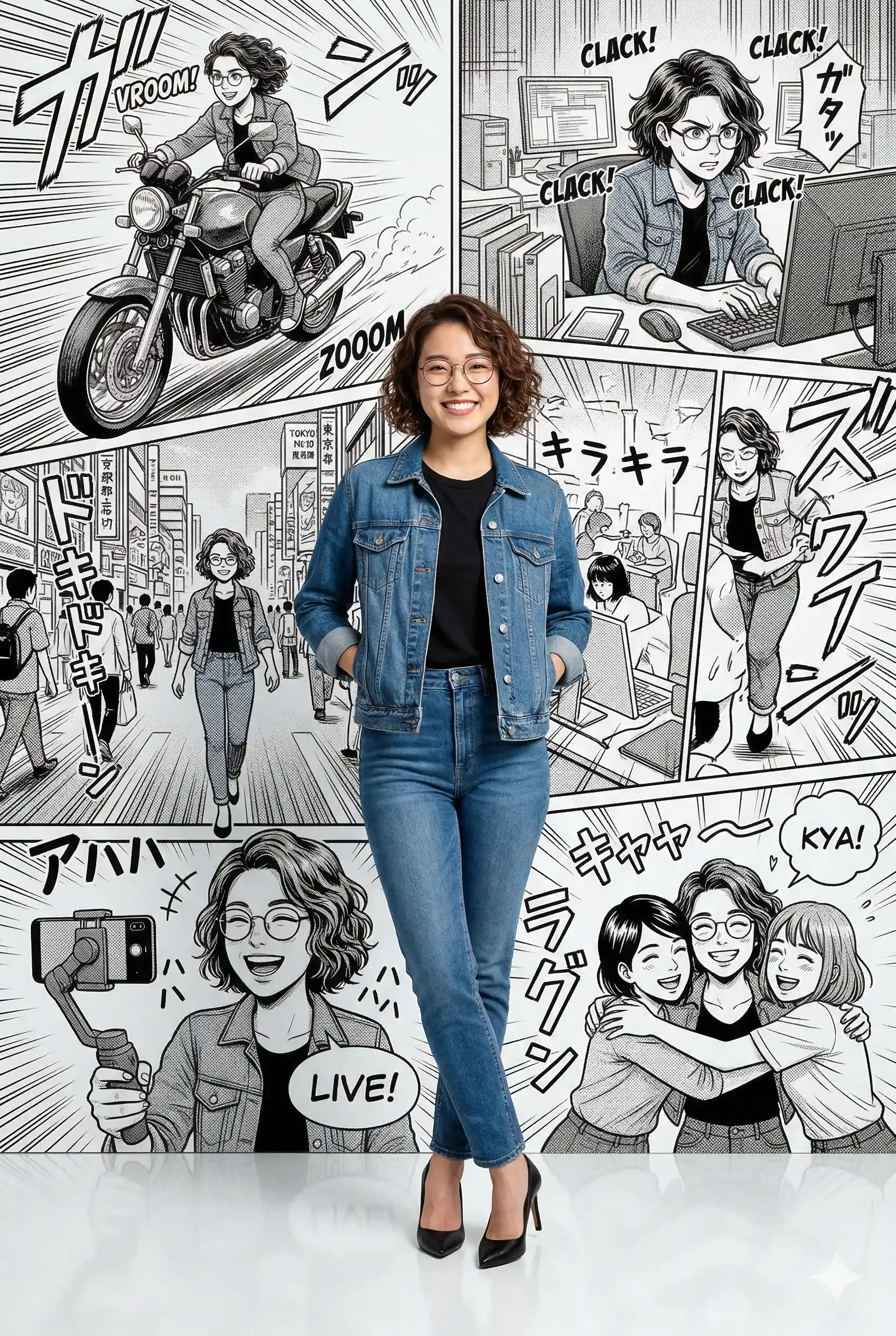 Woman in Denim with Manga Collage AI Photo Editing Prompt. AI generated digital illustration of a smiling woman in a denim outfit standing against a black and white manga storyboard background.