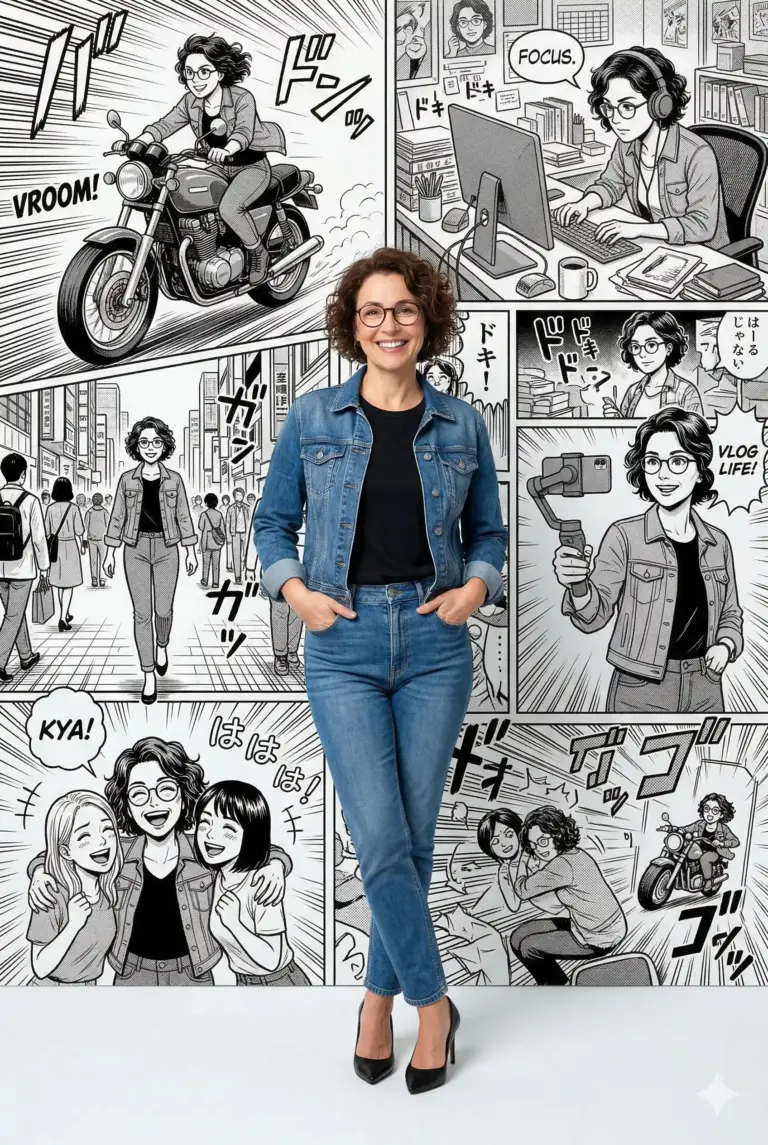 Woman with Manga Collage AI Photo Editing Prompt. AI generated digital illustration of a woman in denim standing before a black-and-white manga background depicting various lifestyle scenes.
