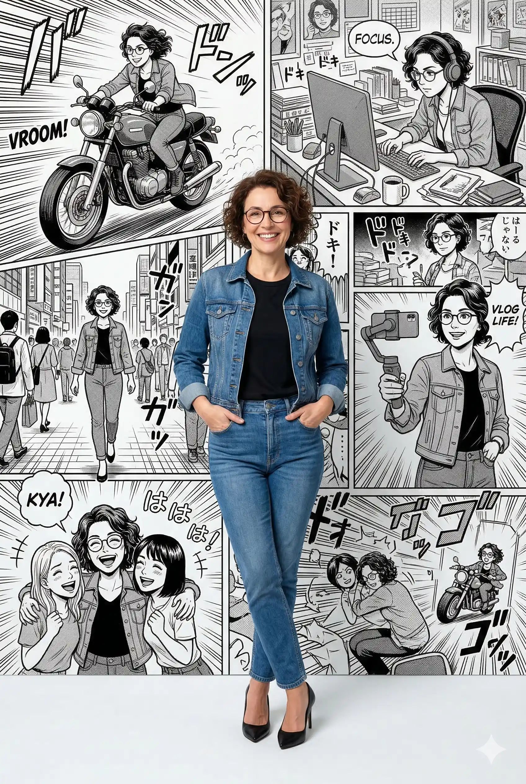 Woman with Manga Collage AI Photo Editing Prompt. AI generated digital illustration of a woman in denim standing before a black-and-white manga background depicting various lifestyle scenes.