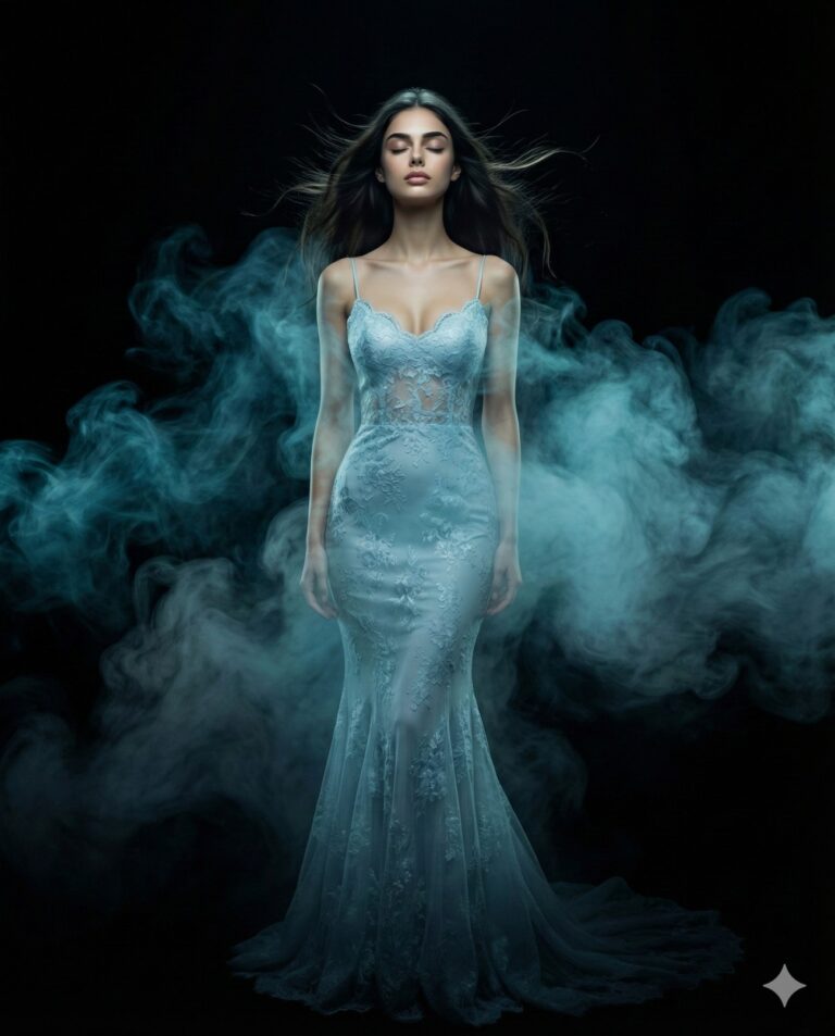 A woman in a sheer blue lace gown stands with eyes closed, enveloped in mystical teal smoke against a dark background.