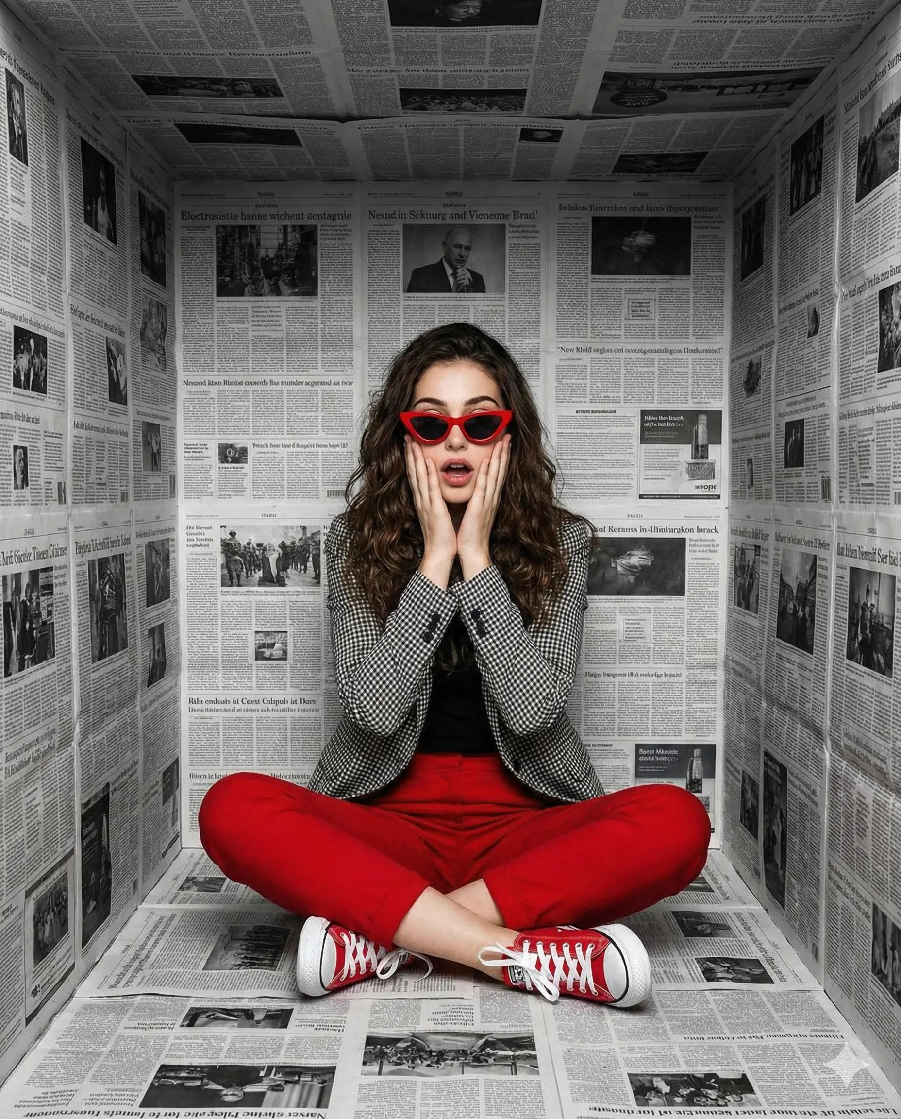 Surprised woman in red pants and a houndstooth blazer sits in a room wallpapered with newspapers, wearing red cat-eye sunglasses.