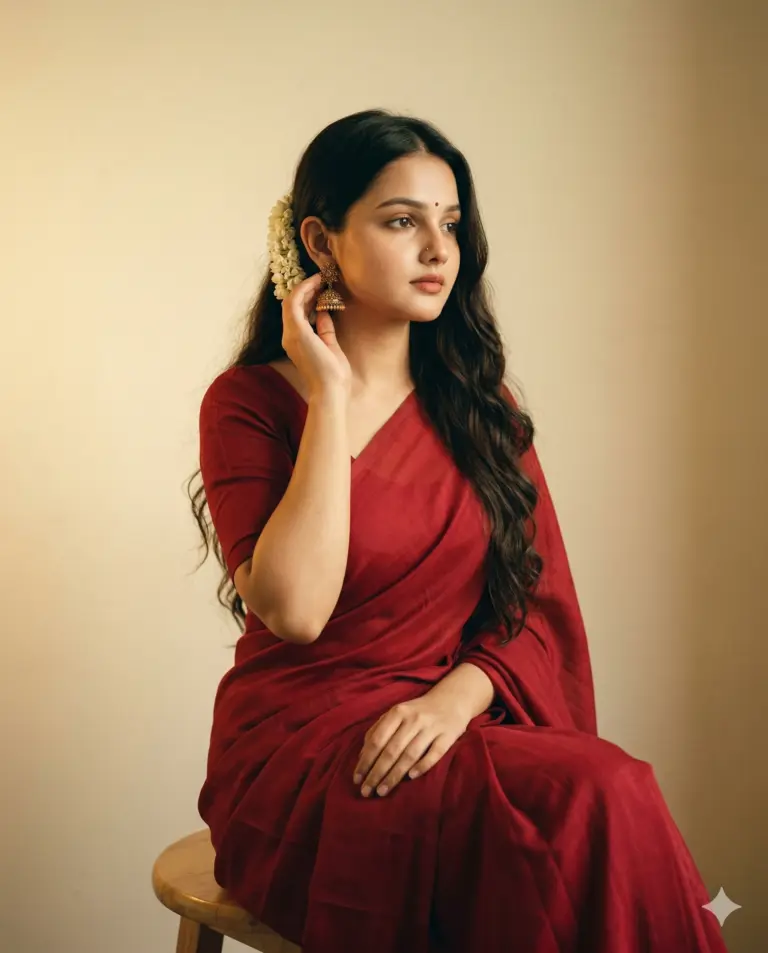 Woman in Red Saree AI Photo Editing Prompt. AI generated studio portrait of an elegant woman in a deep red saree with jasmine flowers in her hair sitting against a neutral background.