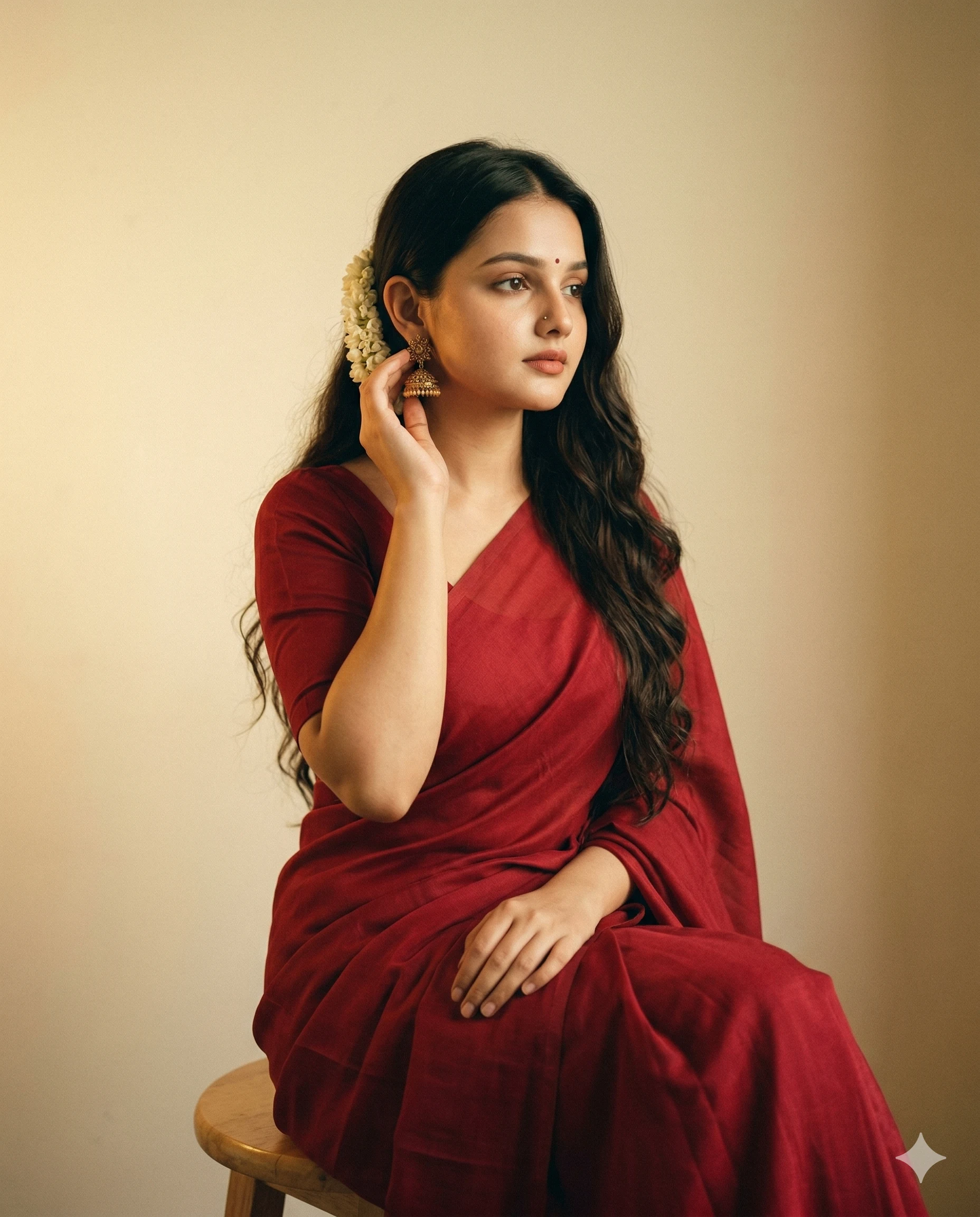 Woman in Red Saree AI Photo Editing Prompt. AI generated studio portrait of an elegant woman in a deep red saree with jasmine flowers in her hair sitting against a neutral background.