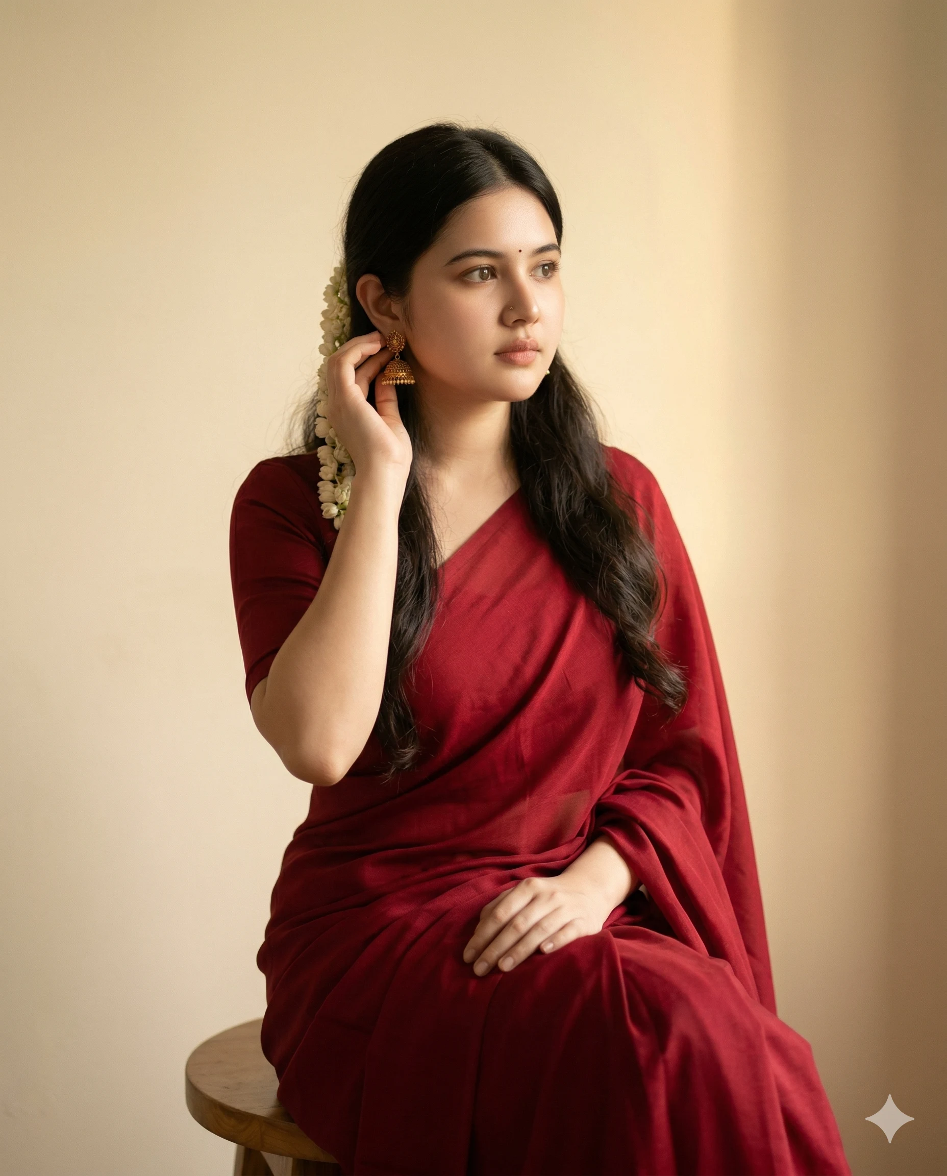 Woman in Red Saree AI Photo Editing Prompt. AI generated portrait of a woman in a maroon saree with jasmine flowers and gold jhumkas.