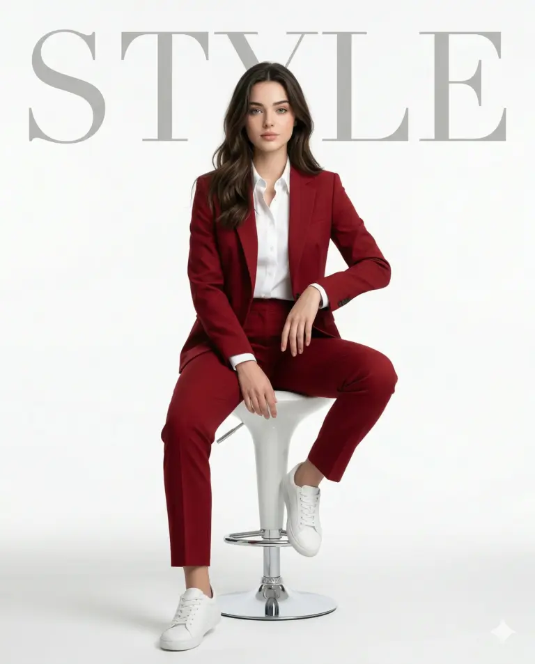 Woman in Red Suit AI Photo Editing Prompt. AI generated studio portrait of a woman in a maroon suit and white sneakers sitting on a white stool against a "STYLE" text background.