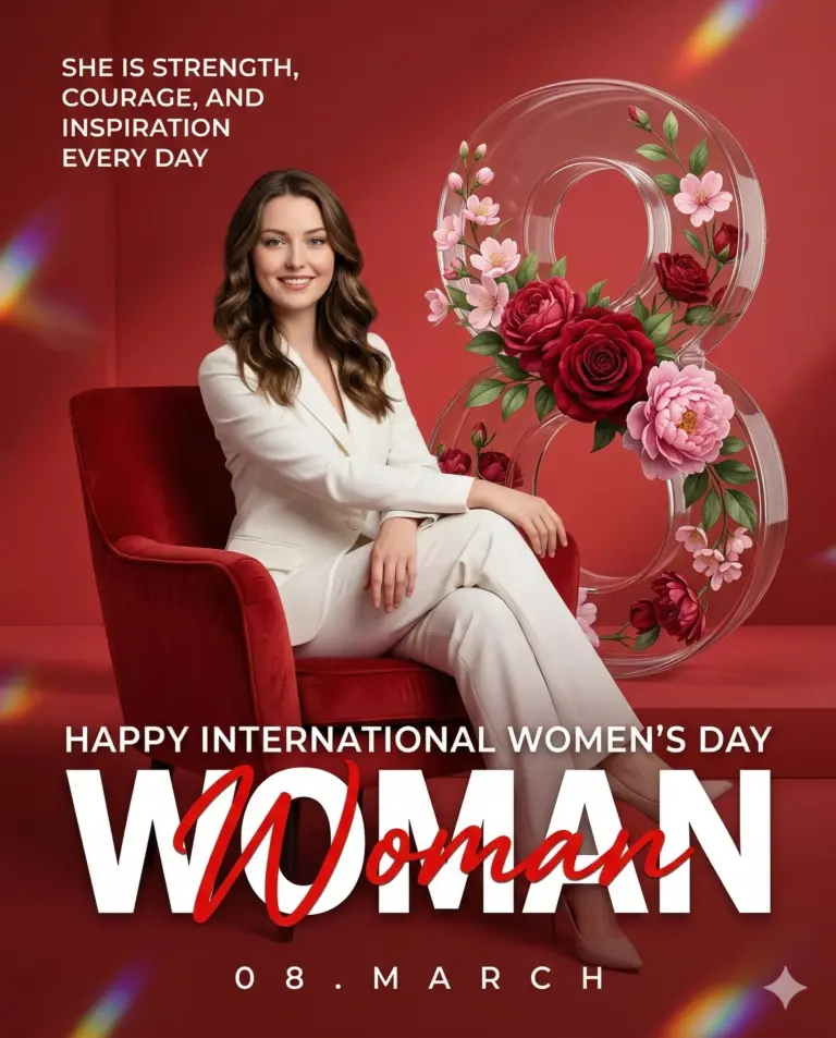 International Women's Day Poster AI Photo Editing Prompt. AI generated digital illustration of a woman in a white suit sitting in a red chair beside a floral glass number eight to celebrate March 8th.