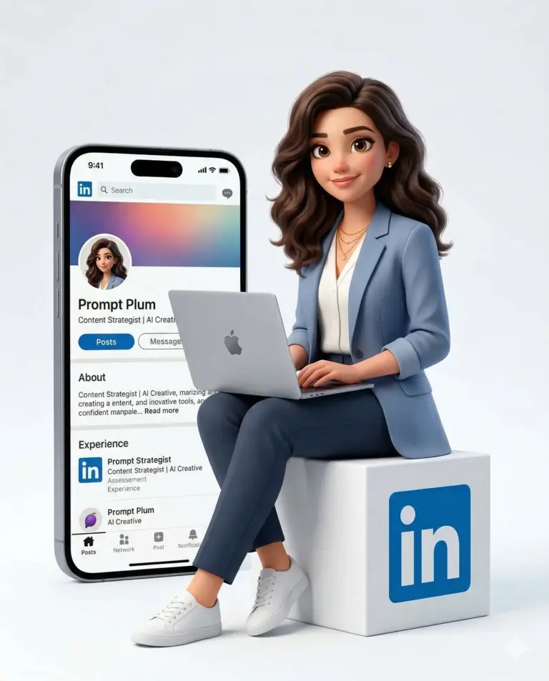 Professional Woman LinkedIn Profile Illustration Prompt. AI generated 3D digital illustration of a woman sitting on a LinkedIn logo cube with a laptop beside a large smartphone displaying her profile.
