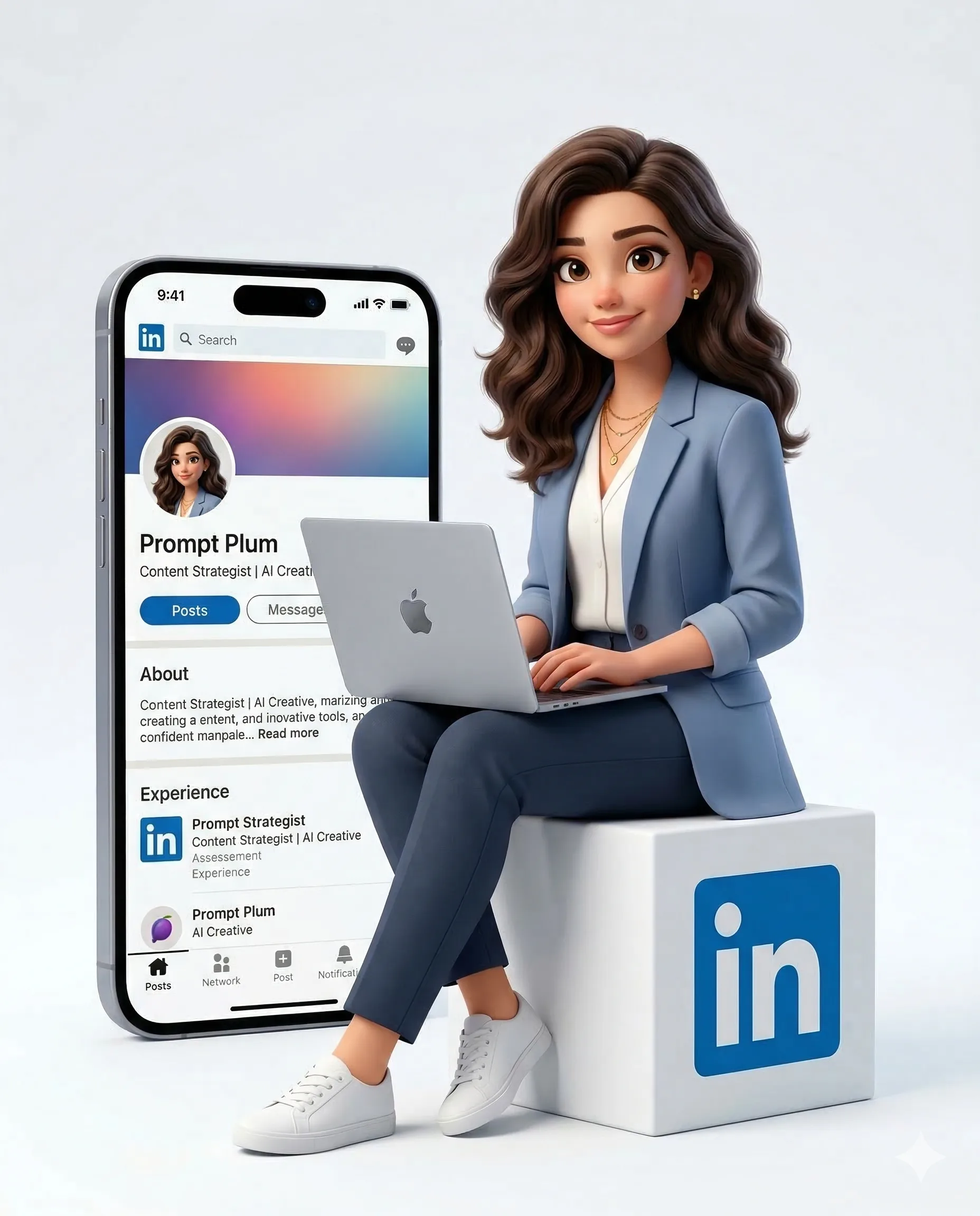 Professional Woman LinkedIn Profile Illustration Prompt. AI generated 3D digital illustration of a woman sitting on a LinkedIn logo cube with a laptop beside a large smartphone displaying her profile.