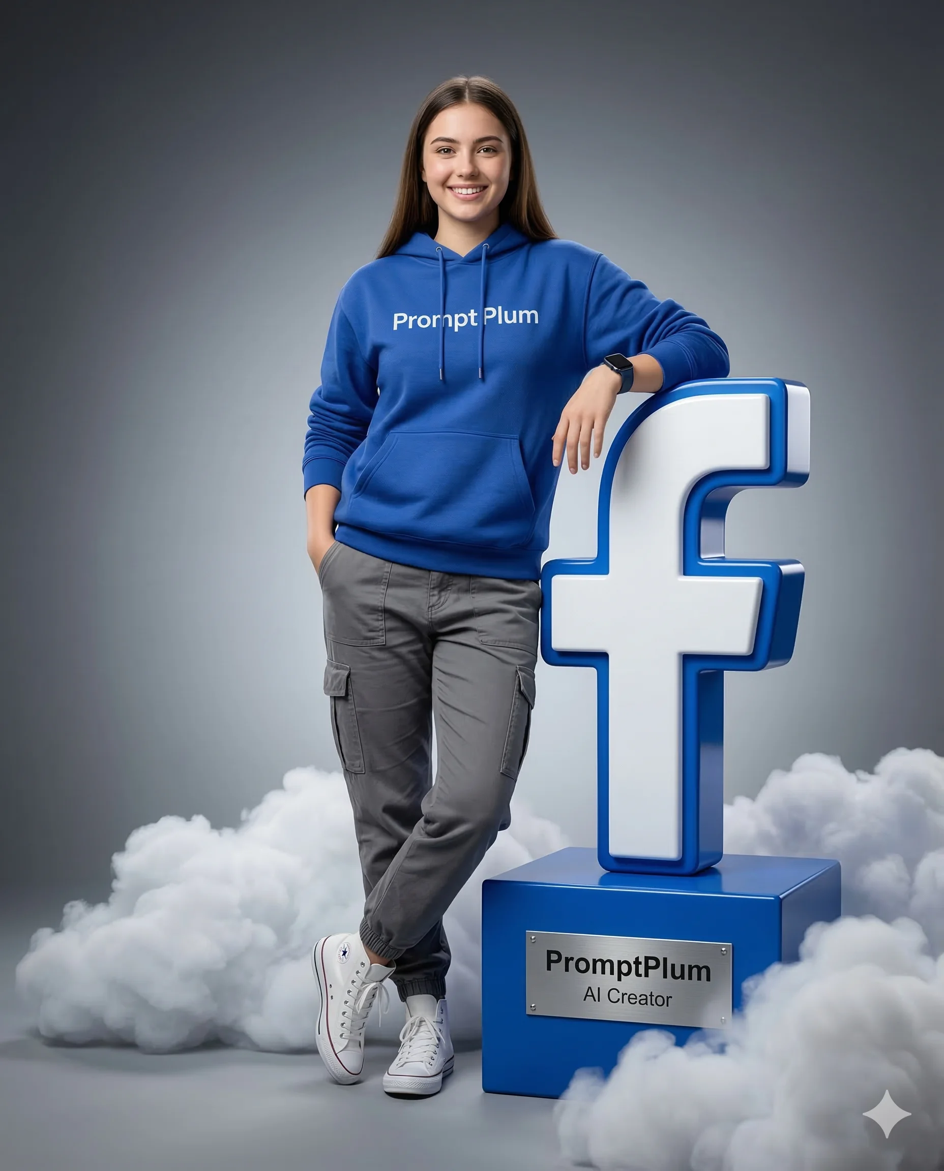 Woman Leaning on Facebook Logo AI Photo Editing Prompt. AI generated digital portrait of a smiling woman in a blue hoodie leaning against a large 3D Facebook logo on a cloud-filled floor.