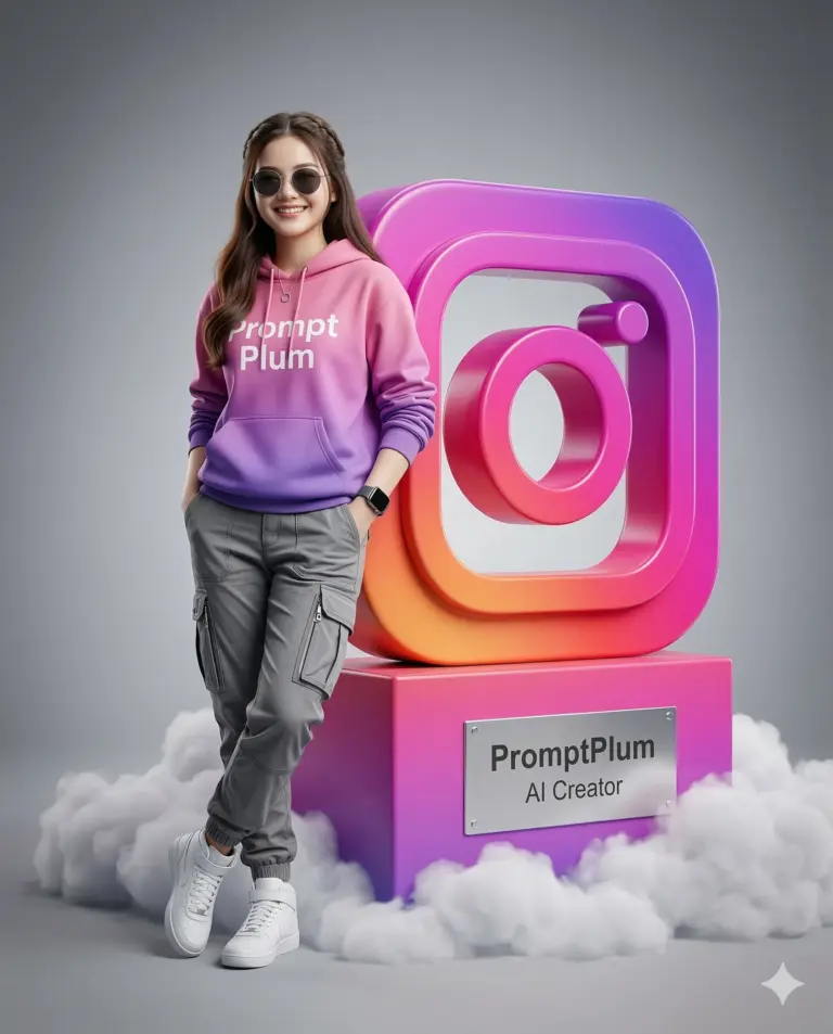 Woman with 3D Instagram Logo AI Photo Editing Prompt. AI generated 3D digital illustration of a stylish woman in a gradient hoodie leaning against a large Instagram icon on a labeled pedestal surrounded by clouds.