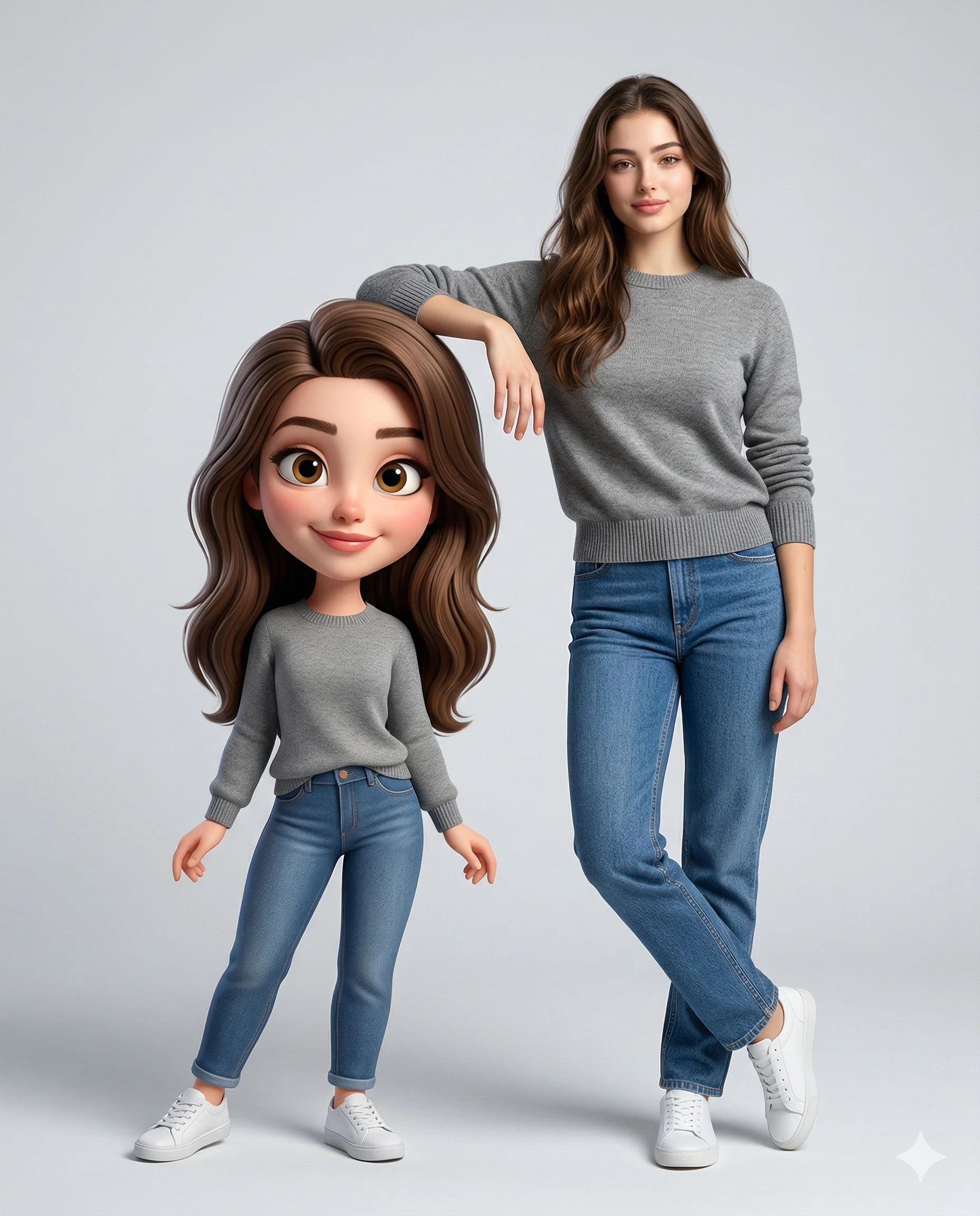 Woman and Miniature 3D Avatar Prompt. AI generated digital illustration of a realistic young woman in a grey sweater and jeans leaning on her stylized cartoon miniature avatar.