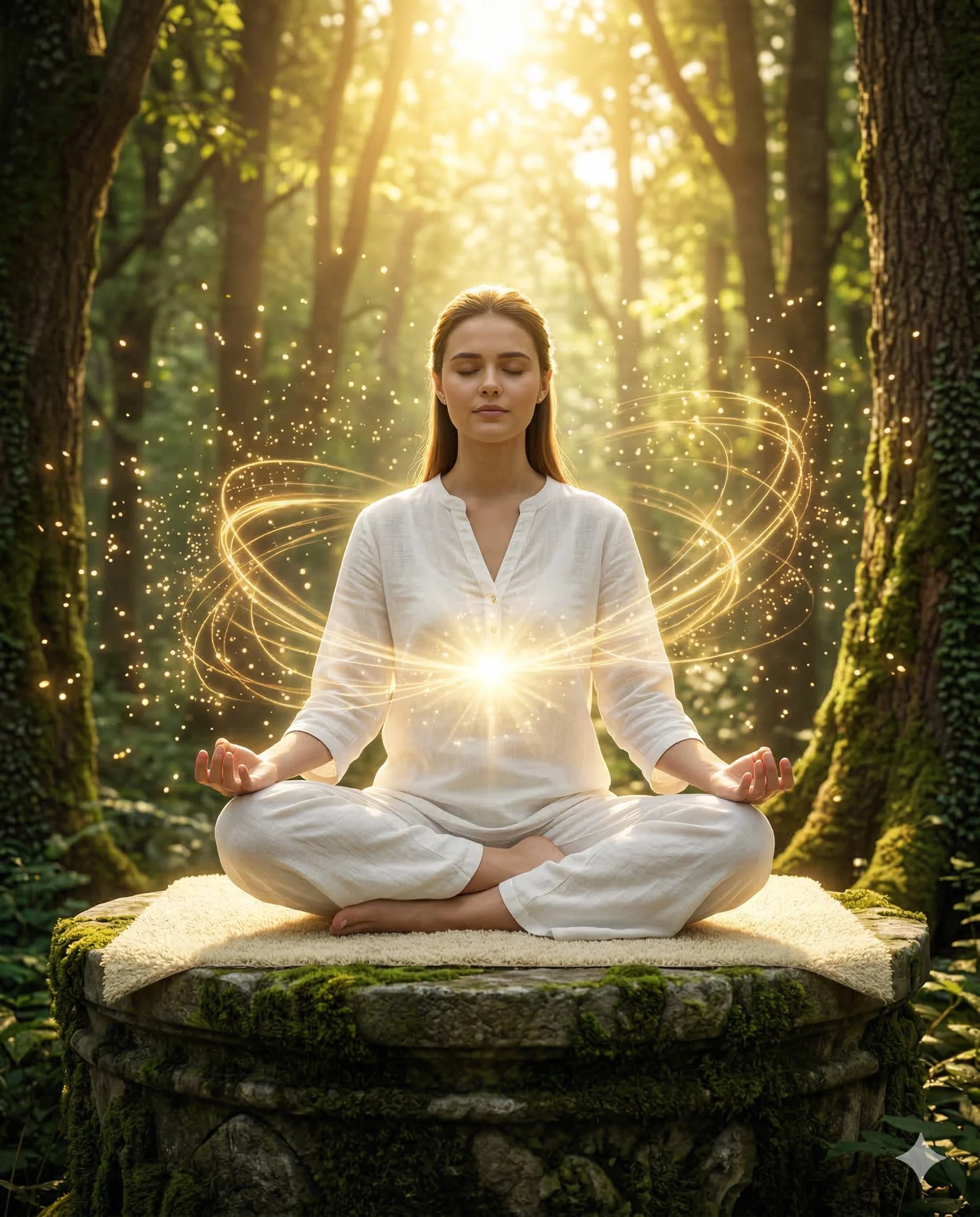 Woman Meditating in Enchanted Forest AI Photo Editing Prompt. AI generated digital art of a woman in white sitting on a mossy stone with glowing energy at her heart in a sunlit woodland.