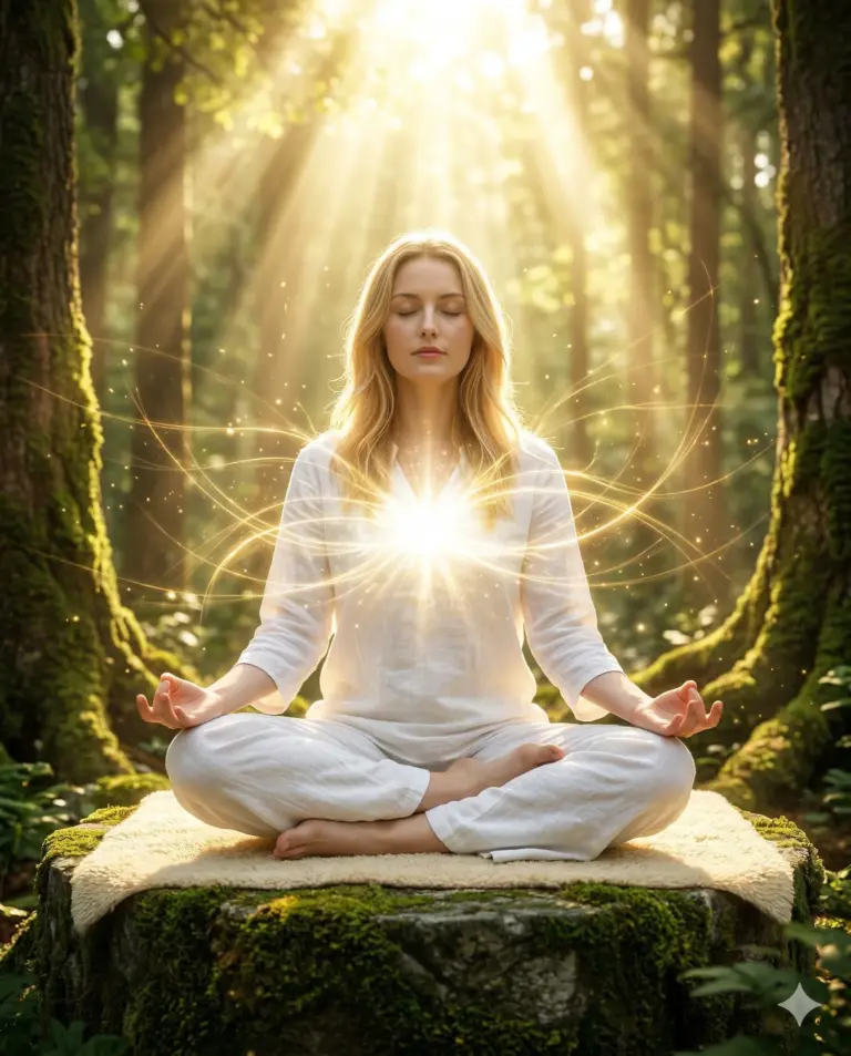 Woman Meditating in Forest with Devine Light AI Photo Editing Prompt. AI generated digital illustration of a woman in white sitting in lotus pose on a mossy rock with golden energy beams emanating from her chest.