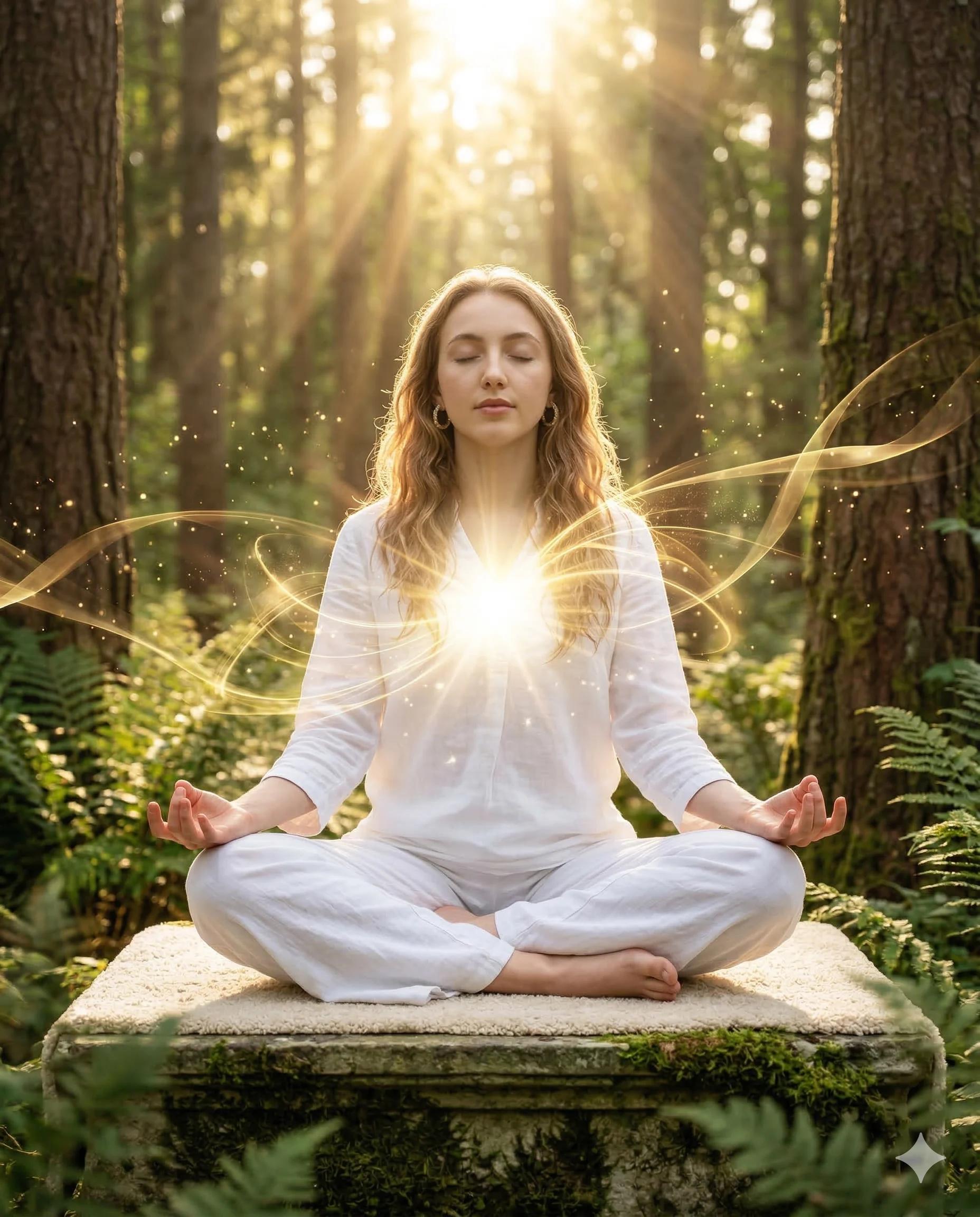Woman Meditating in Sunlit Forest AI Photo Editing Prompt. AI generated digital art portrait of a woman in white meditating in a sunlit forest with radiant golden light emanating from her chest.