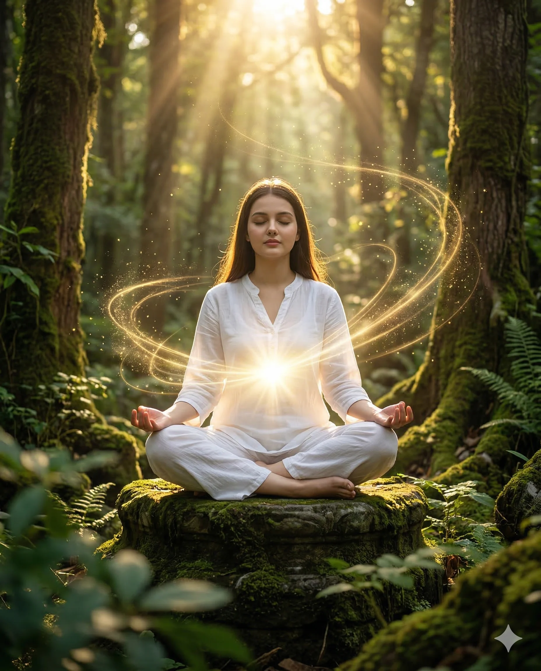 Meditating Woman in Sunlit Forest AI Photo Editing Prompt. AI generated digital illustration of a woman in white clothes meditating on a mossy rock with a glowing heart and swirling golden energy trails.