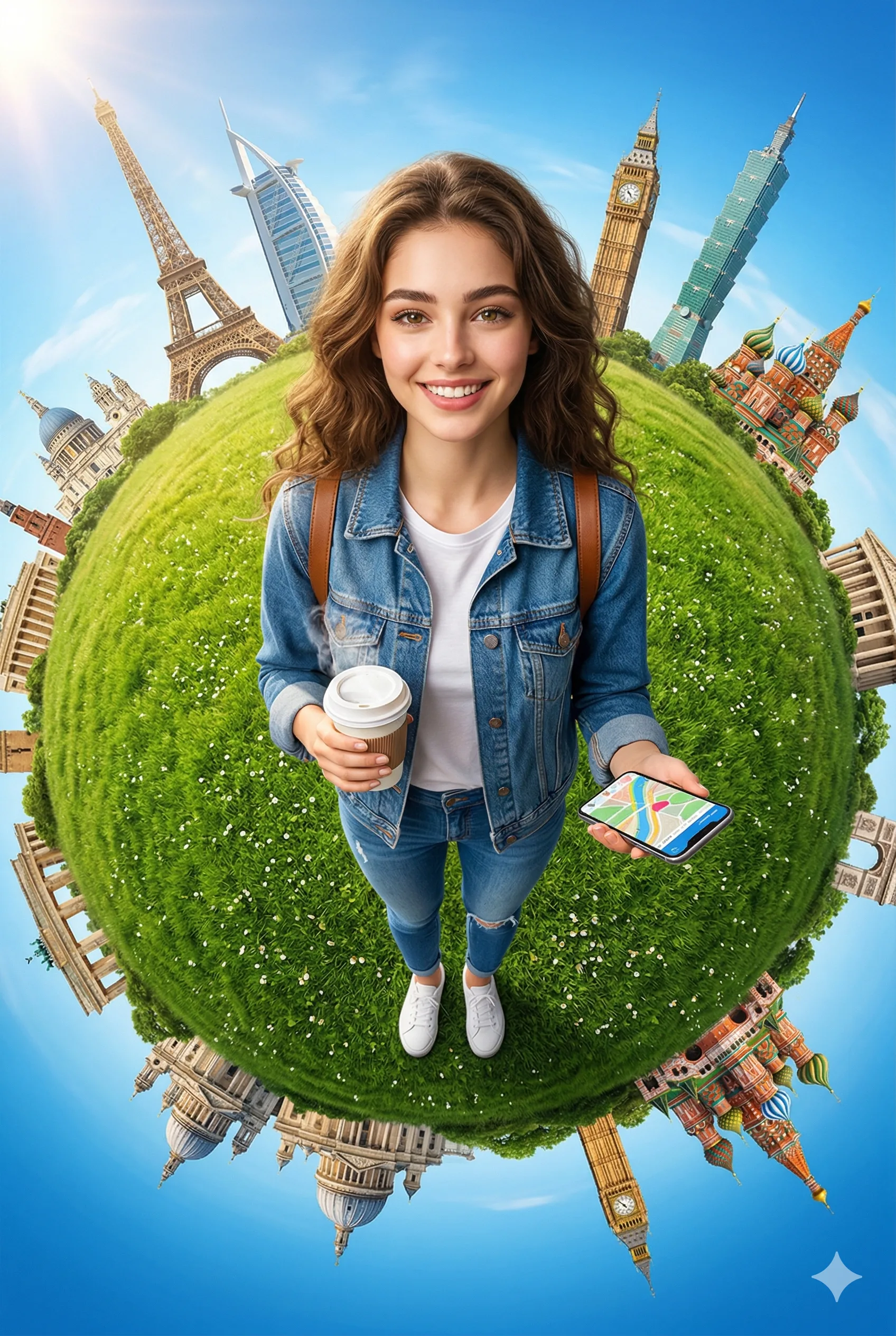 Girl on Tiny Planet with Global Landmarks AI Photo Editing Prompt. AI generated digital illustration of a young woman holding coffee and a smartphone while standing atop a miniature grassy globe surrounded by iconic world landmarks.