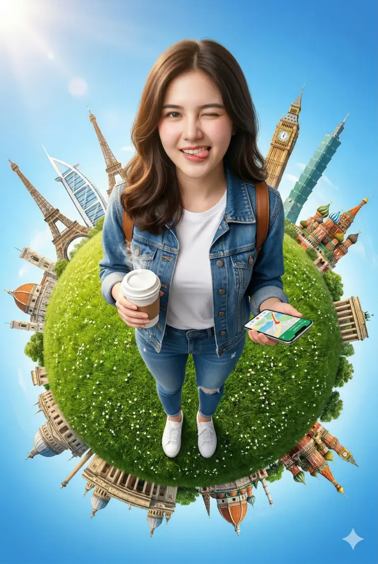 Woman on Tiny Planet with World Landmarks Prompt. AI generated digital illustration of a playful woman holding coffee and a smartphone while standing on a grassy tiny planet surrounded by famous global landmarks.
