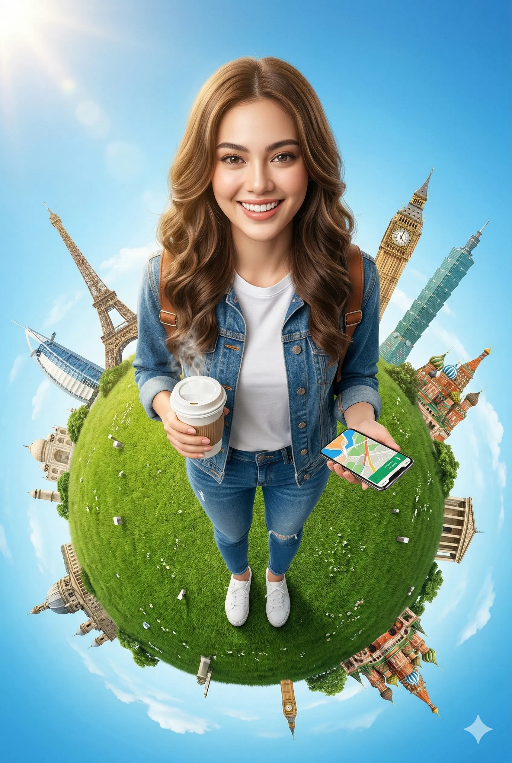 AI generated digital illustration of a smiling woman standing on a grassy mini-globe surrounded by iconic international landmarks while holding a coffee and a smartphone.