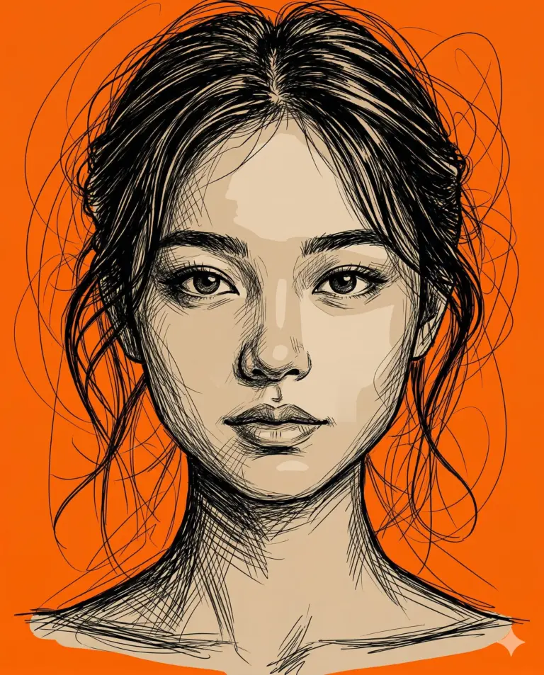 Woman Sketch Portrait on Orange AI Photo Editing Prompt. AI generated digital sketch illustration of a woman with messy dark hair and cross-hatched details against a vibrant orange background.