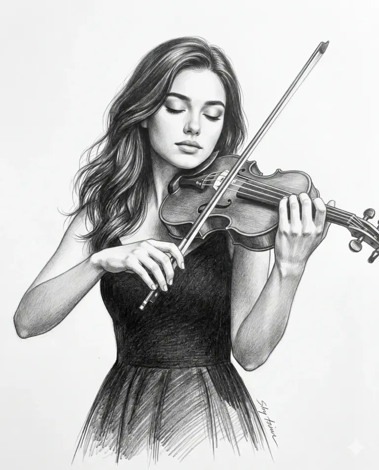 Woman Playing Violin Sketch AI Photo Editing Prompt. AI generated pencil sketch illustration of a woman with long wavy hair and closed eyes playing a violin.