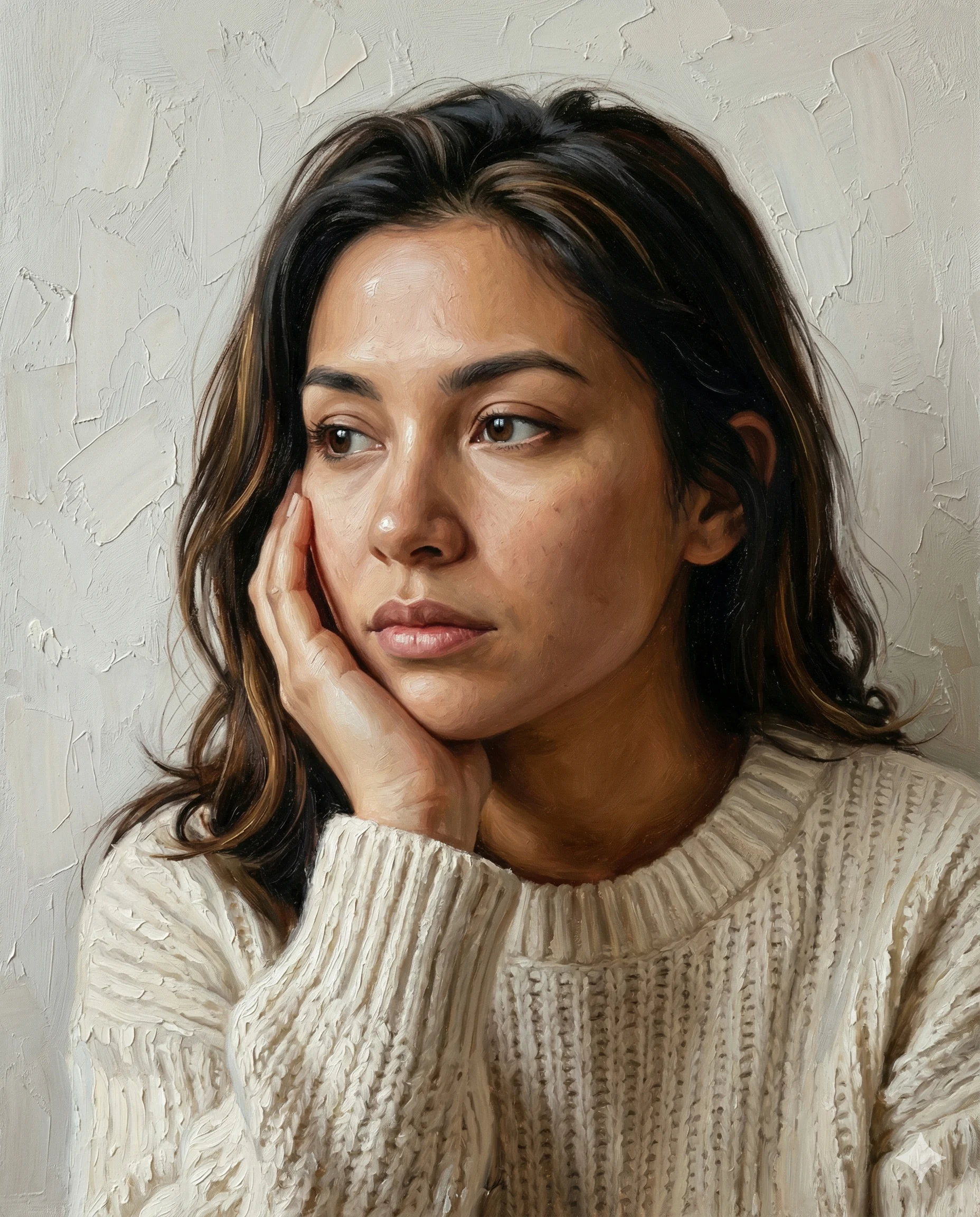 Realistic Oil Painting Prompt. AI generated oil painting portrait of a woman with dark wavy hair resting her chin on her hand while wearing a white cable-knit sweater.