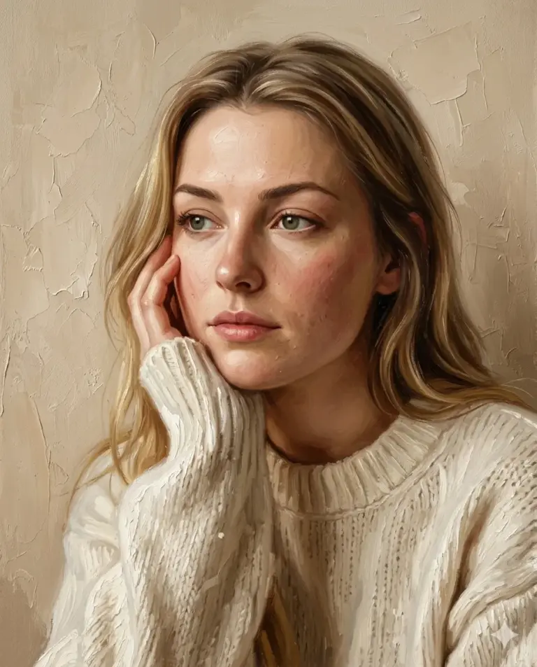 AI generated digital oil painting portrait of a blonde woman in a white knit sweater resting her chin on her hand with a thoughtful gaze.