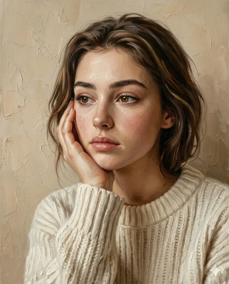 Oil Painting of Woman in White Sweater AI Photo Editing Prompt. AI generated oil painting style portrait of a contemplative young woman with brown hair resting her chin on her hand and wearing a white ribbed sweater.