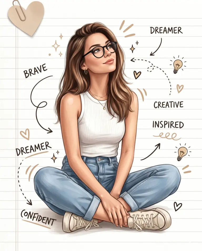 Dreamy Girl Art AI Photo Editing Prompt. AI generated Digital Illustration of a woman with glasses sitting on notebook paper with hand-drawn words and doodles.