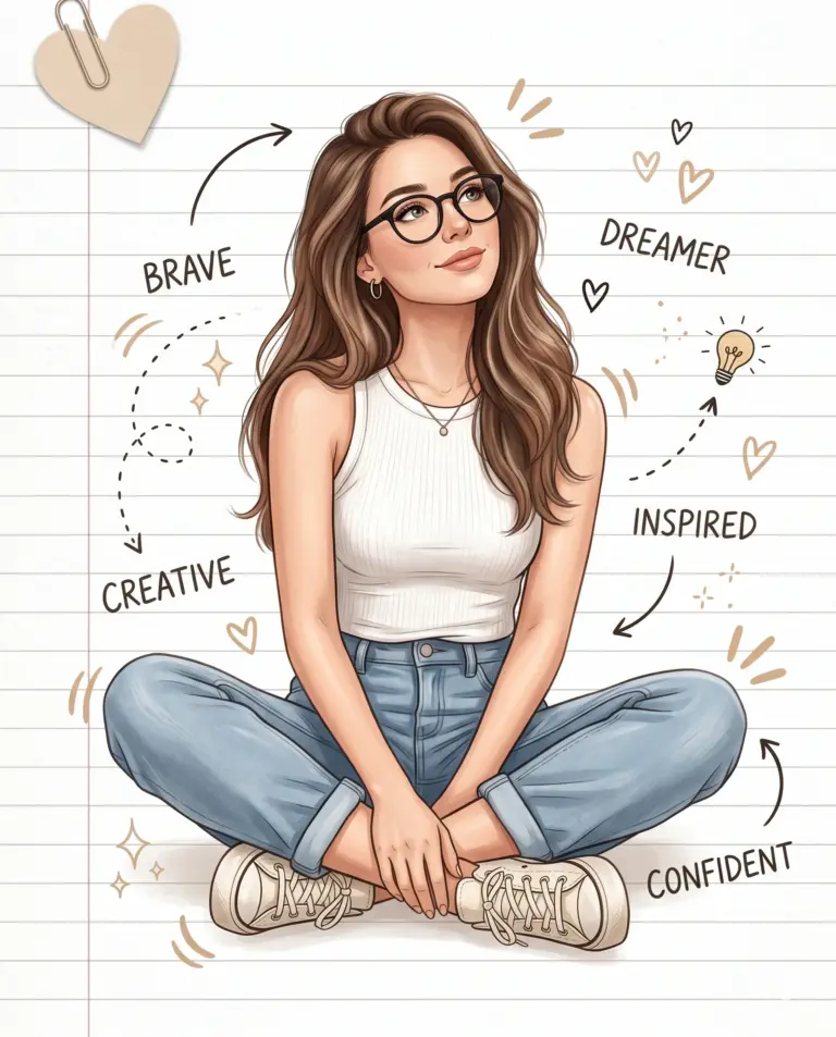 Inspirational Woman with Doodles AI Photo Editing Prompt. AI generated digital illustration of a young woman in glasses sitting cross-legged on ruled paper surrounded by inspirational hand-drawn words and artistic doodles.