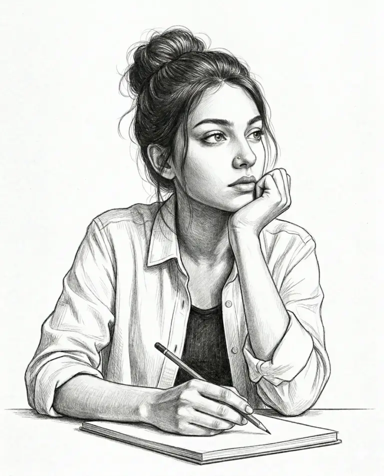 AI generated pencil sketch illustration of a young woman with a hair bun leaning over a notebook while holding a pencil in a thoughtful pose.