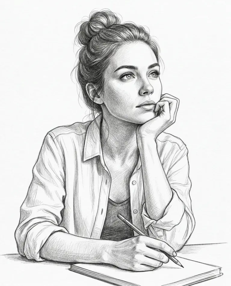 Thoughtful Woman Pencil Sketch Prompt. AI generated pencil sketch illustration of a young woman with a hair bun leaning on her hand while thoughtfully sketching in a notebook.