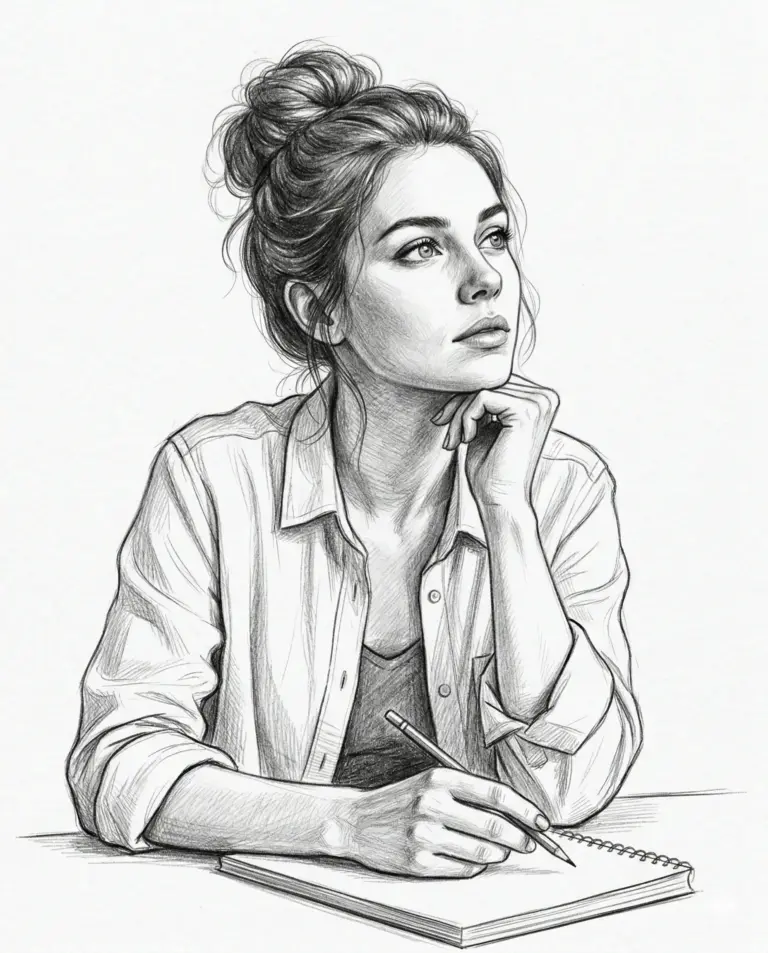 Thoughtful Woman Sketching AI Photo Editing Prompt. AI generated pencil sketch illustration of a young woman with a messy bun resting her chin on her hand while holding a pencil over a spiral notebook.