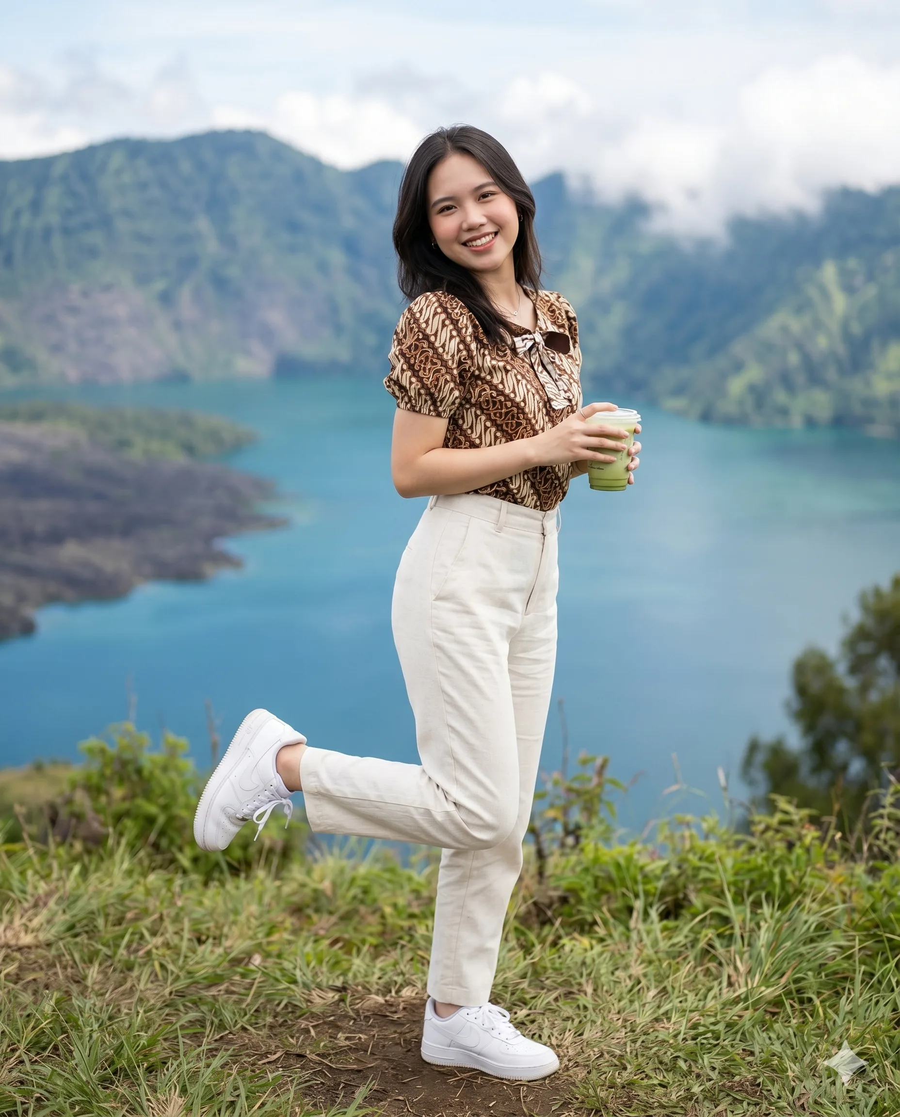 Woman in Batik by Scenic Lake AI Photo Editing Prompt. AI generated cinematic lifestyle portrait of a smiling woman in a batik blouse and white trousers holding a matcha drink against a mountainous volcanic lake backdrop.
