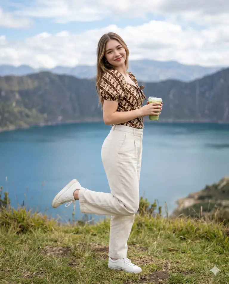 Woman in Batik Top at Crater Lake AI Photo Editing Prompt. AI generated lifestyle portrait of a smiling woman in a brown batik top and cream linen trousers holding a matcha drink against a scenic crater lake backdrop.