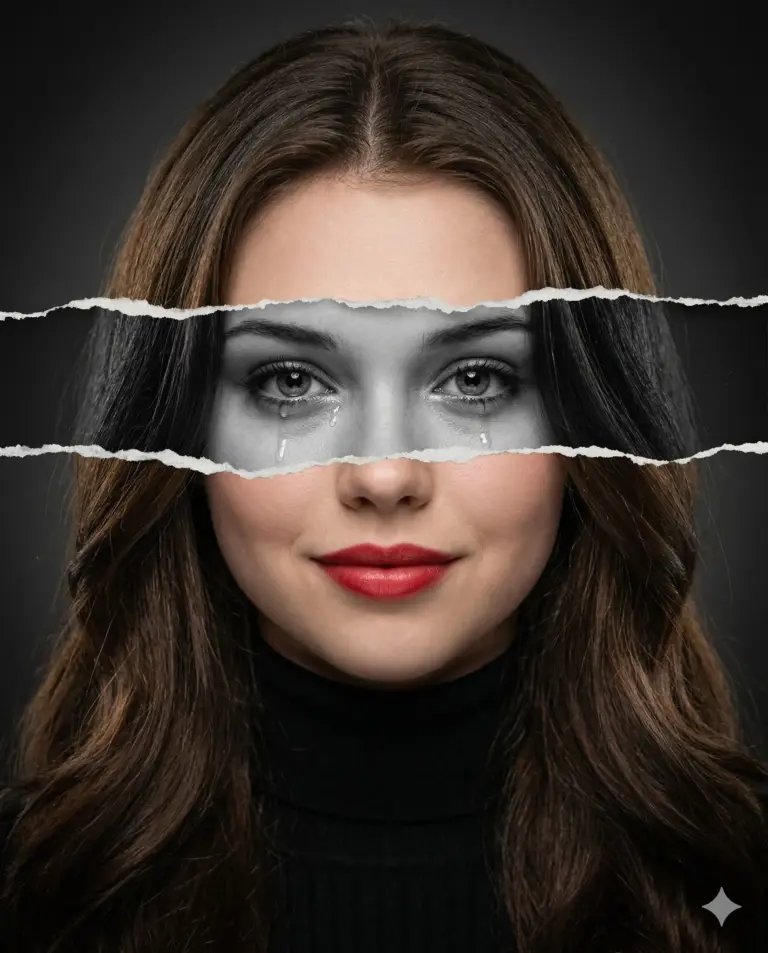 Smiling Woman with Crying Eyes Torn Paper Photo Prompt. AI generated conceptual portrait of a smiling woman featuring a torn paper effect that reveals crying eyes in black and white.