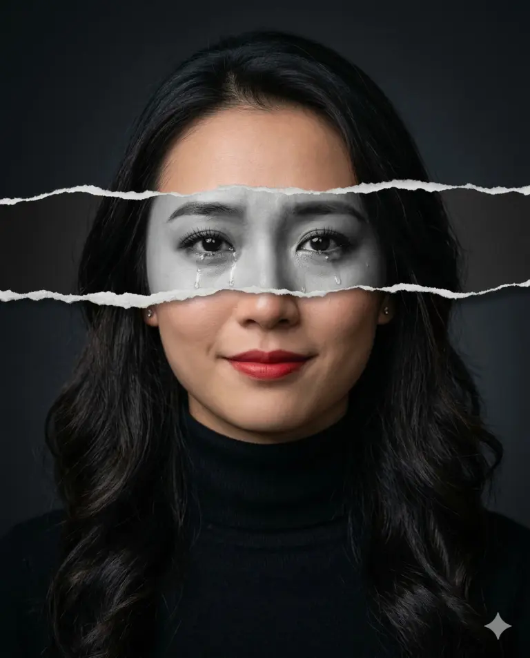 Smiling Woman with Hidden Crying Eyes Photography Prompt. AI generated conceptual portrait of a woman smiling with red lips while a torn paper effect reveals her eyes crying in black and white.