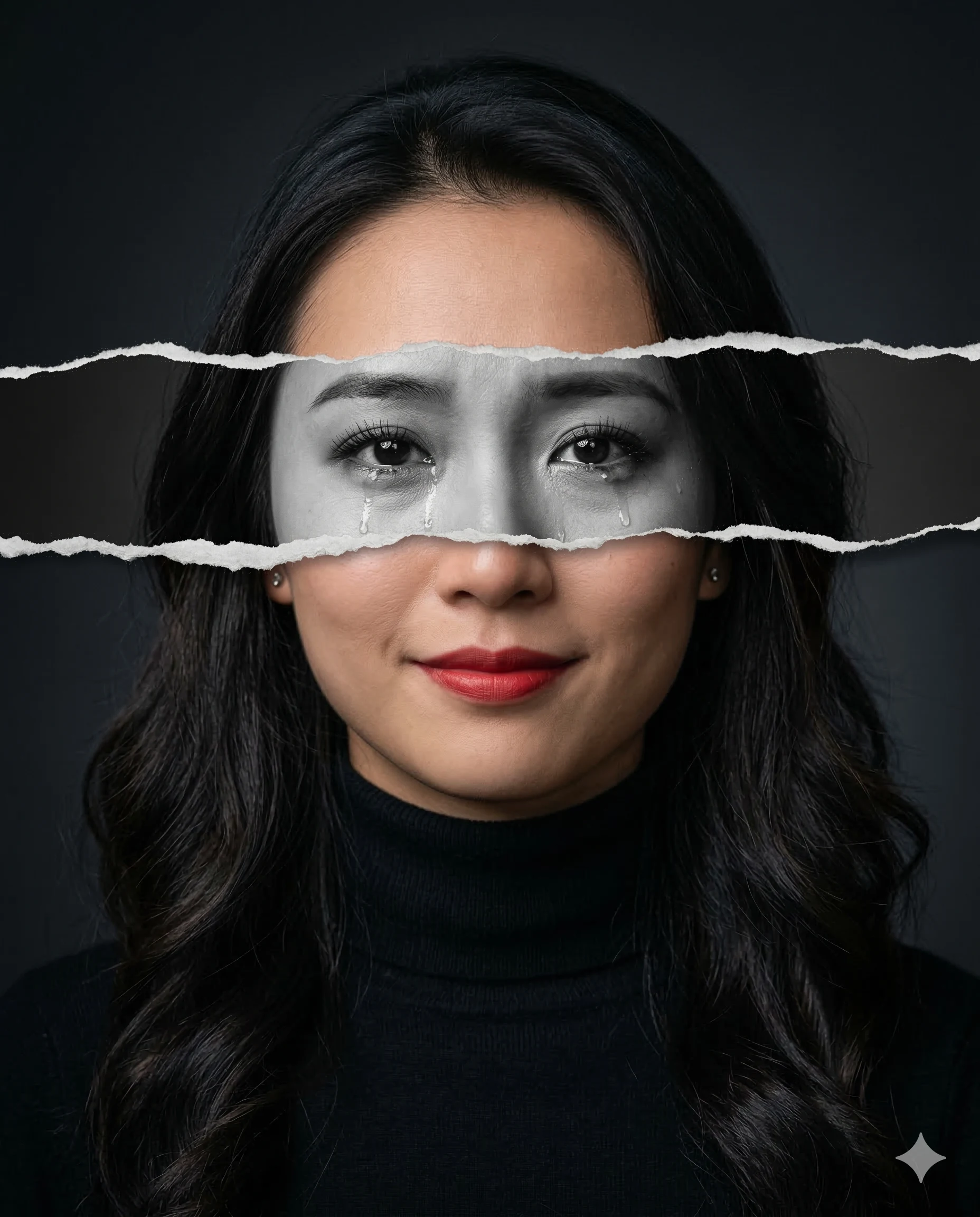 Smiling Woman with Hidden Crying Eyes Photography Prompt. AI generated conceptual portrait of a woman smiling with red lips while a torn paper effect reveals her eyes crying in black and white.