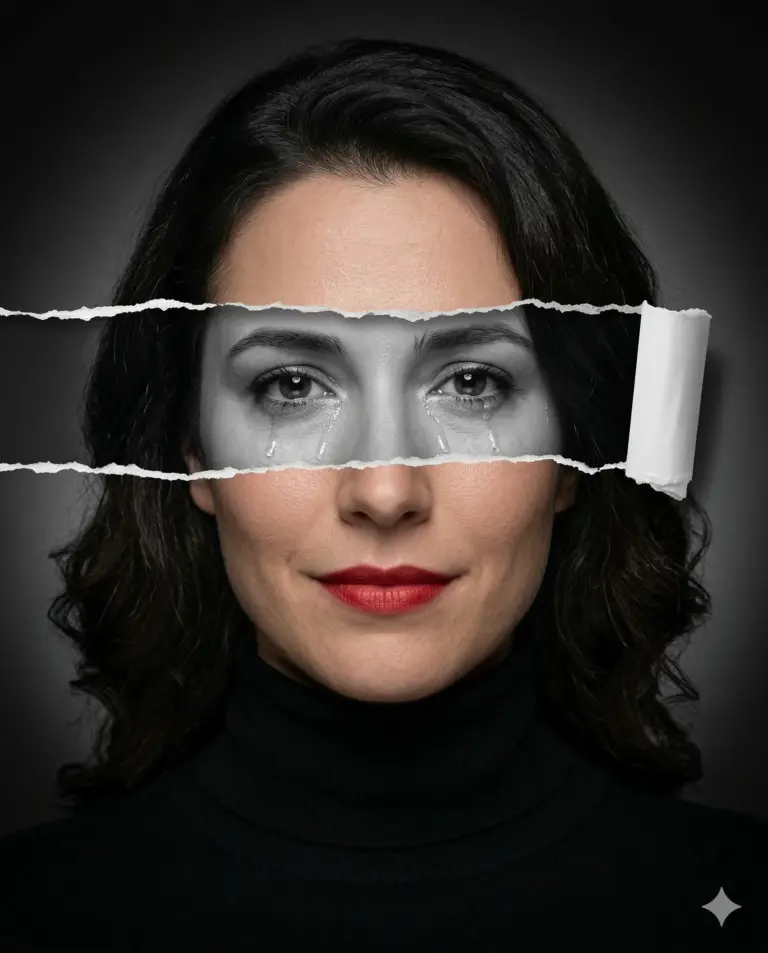 Woman with Torn Paper Eyes Portrait Prompt. AI generated conceptual portrait of a smiling woman with red lipstick, featuring a horizontal paper tear effect that reveals crying eyes in grayscale.