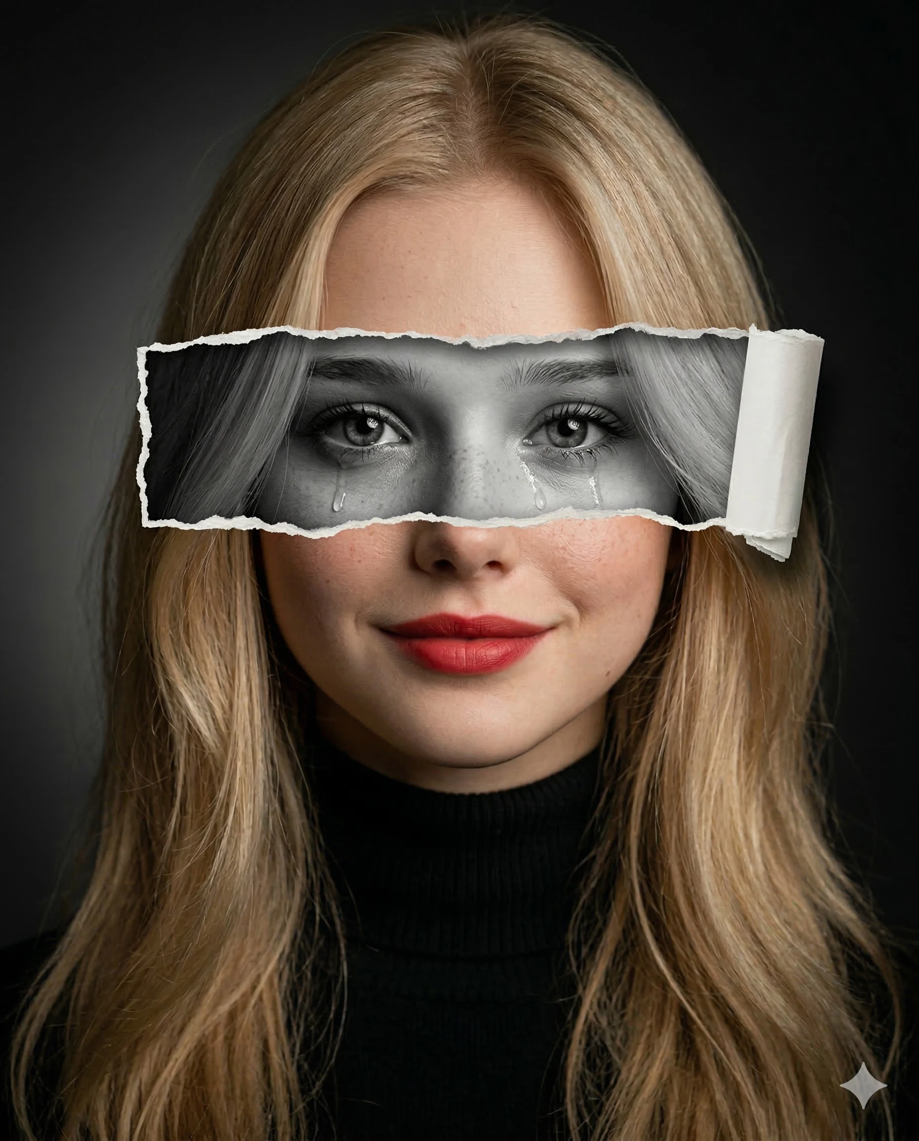 Smiling Woman with Torn Paper Crying Eyes AI Photo Editing Prompt. AI generated conceptual portrait of a blonde woman with a torn paper strip revealing crying eyes over a smiling face.