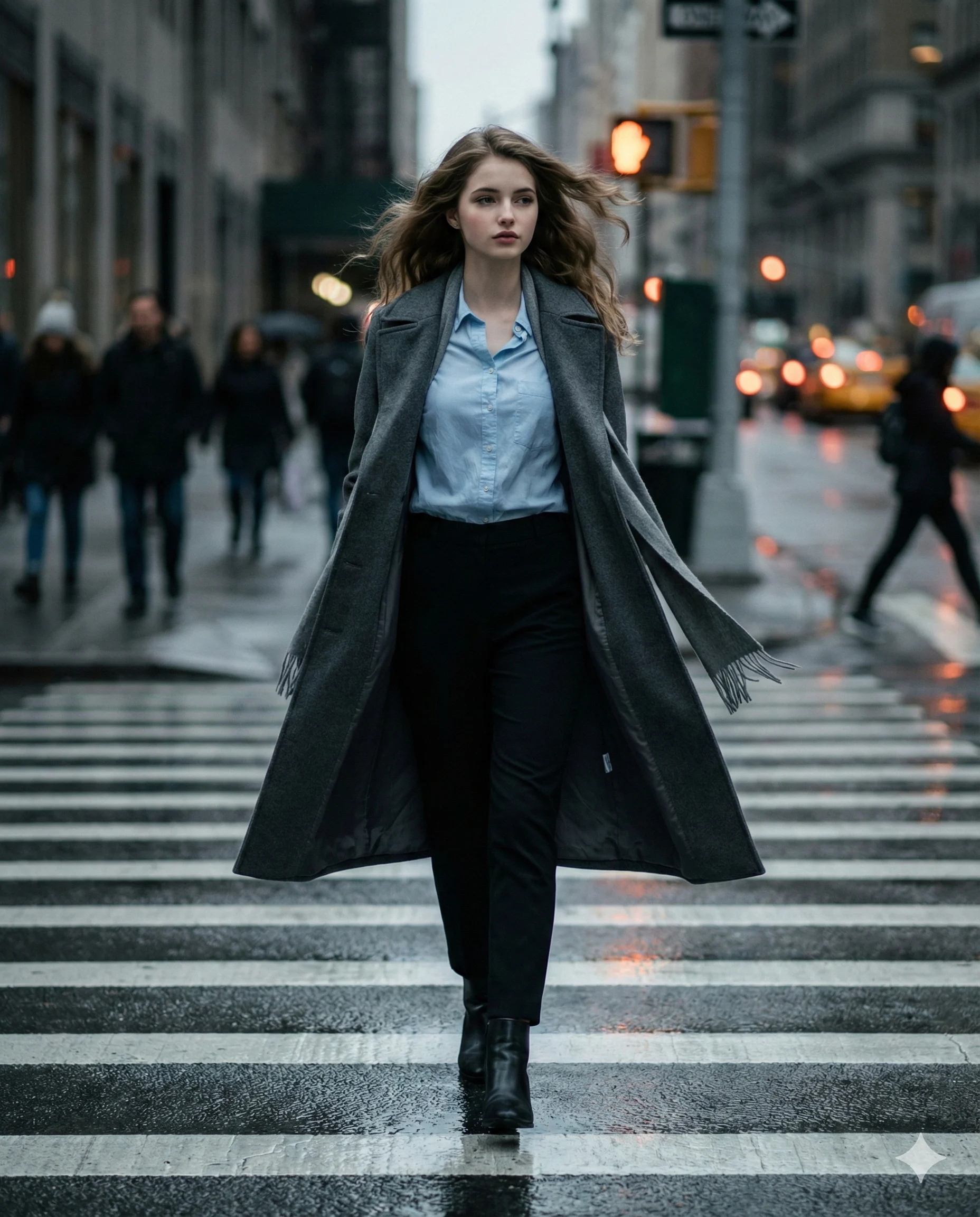 Woman in on City Crosswalk AI Photo Editing Prompt. AI generated cinematic street portrait of a woman in a long grey overcoat and blue shirt walking across a rainy urban crosswalk.