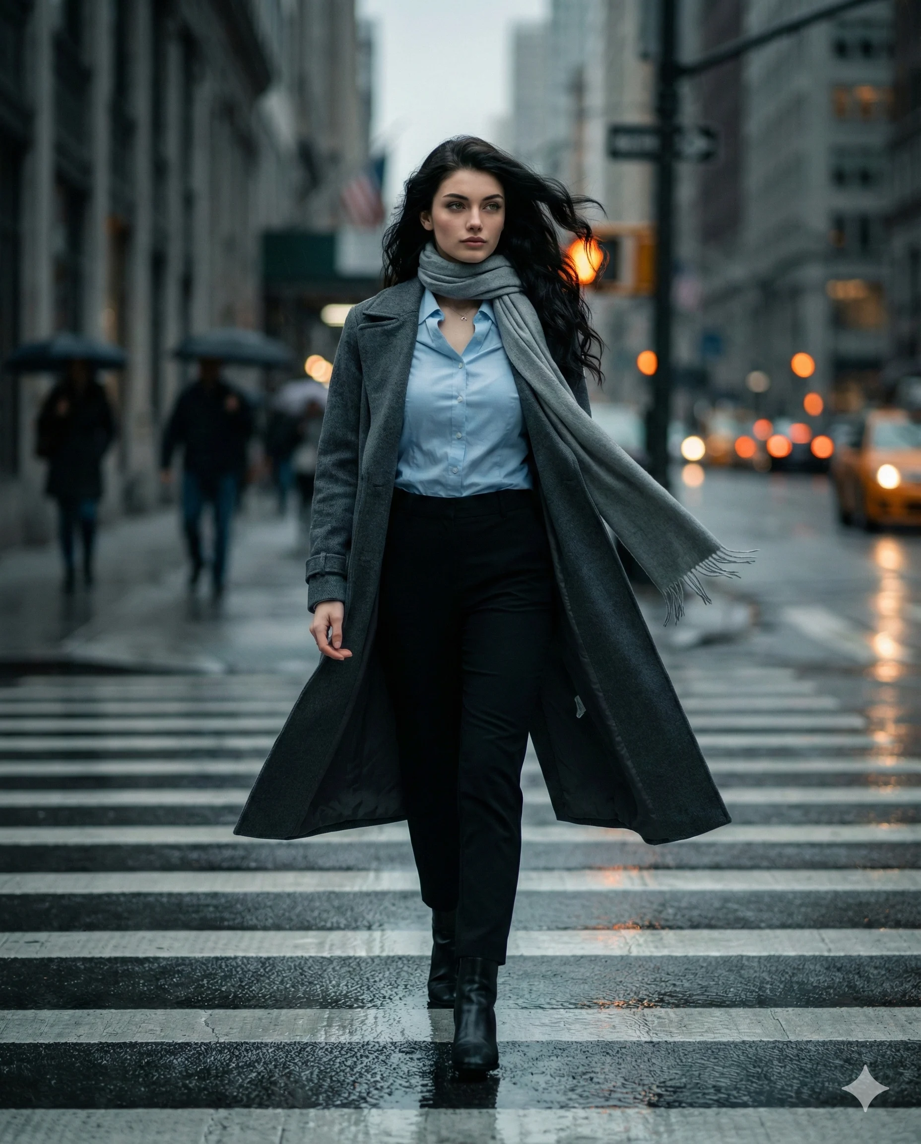 Cinematic Woman City Crosswalk AI Photo Editing Prompt. AI generated cinematic portrait of a dark-haired woman wearing a grey overcoat and scarf while walking across a rainy urban crosswalk.