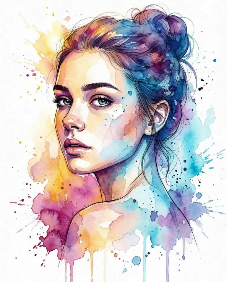 Watercolor Woman Portrait Prompt. AI generated watercolor digital illustration of a woman with a messy bun looking over her shoulder, featuring vibrant ink splashes and drips.