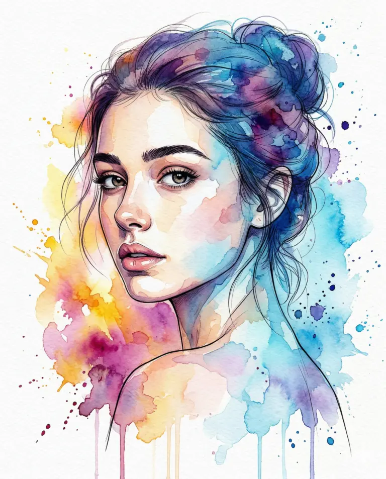 Watercolor Woman Portrait AI Photo Editing Prompt. AI generated watercolor digital illustration of a young woman with a messy bun and vibrant color splashes.