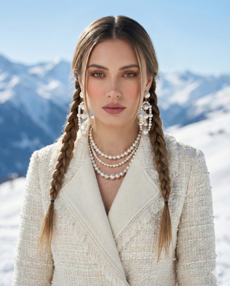 A photorealistic portrait of a woman with braids, wearing a cream tweed jacket and large pearls, posing against a blurred snowy mountain backdrop.