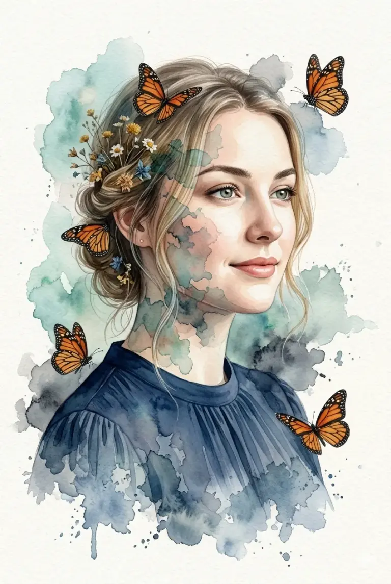 Woman with Butterflies Watercolor AI Photo Editing Prompt. AI generated digital illustration portrait of a woman adorned with monarch butterflies and wildflowers featuring soft watercolor splashes.