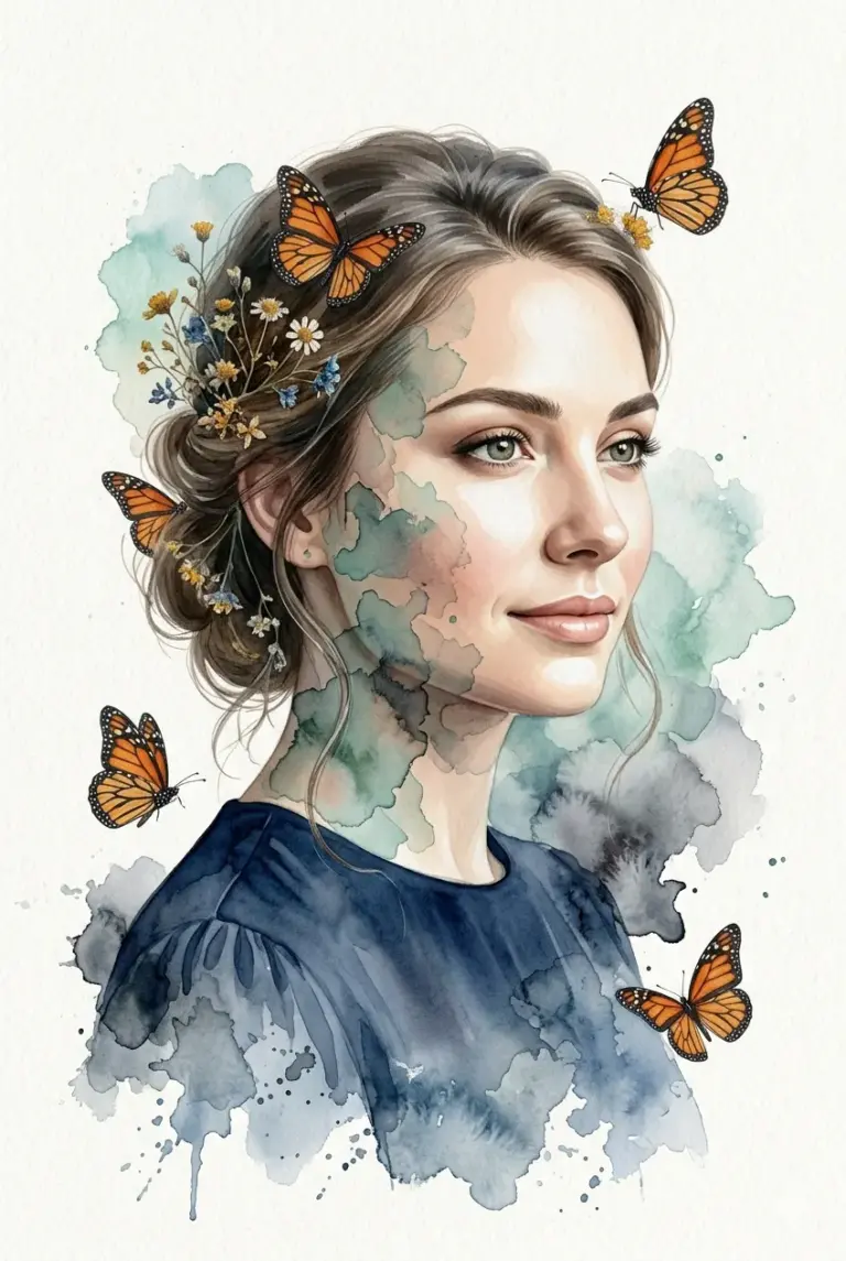 Woman with Butterflies Watercolor Art AI Photo Editing Prompt. AI generated digital illustration of a serene woman featuring monarch butterflies and wildflowers with artistic watercolor splashes.