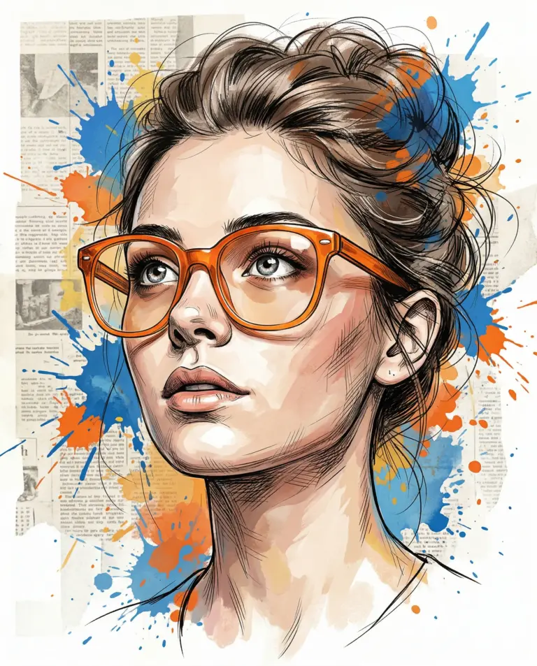 Woman in Orange Glasses AI Photo Editing Prompt. AI generated digital illustration of a woman with a messy bun wearing orange glasses amidst vibrant watercolor splashes and newspaper collage textures.