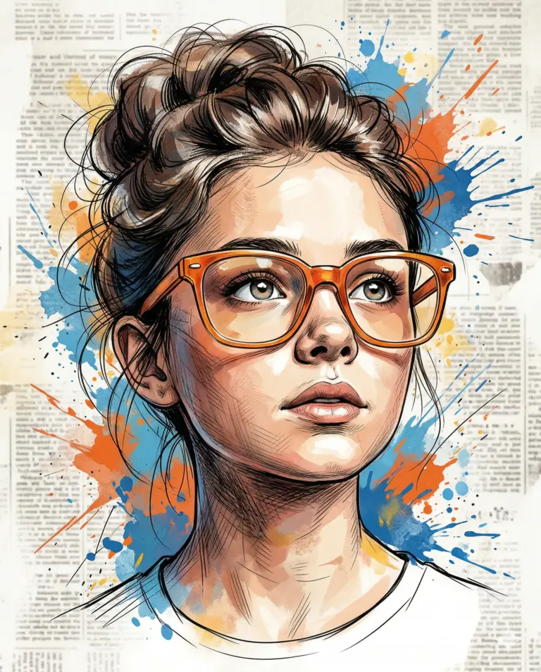 Woman with Orange Glasses and Paint Splatters AI Photo Editing Prompt. AI generated digital illustration portrait of a woman with a hair bun and orange glasses featuring artistic paint splatters and a newspaper collage background.