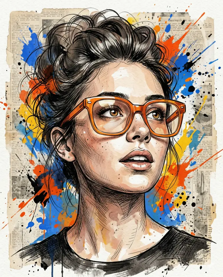 AI generated digital art portrait of a woman with a messy bun and bold orange eyewear, accented by vibrant paint splatters on a vintage newspaper background.